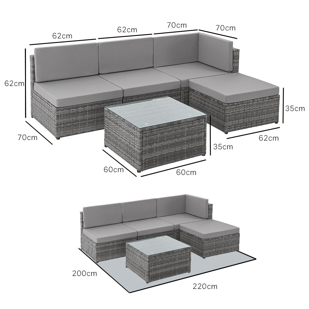 5-Piece Outdoor Lounge Set with Ottoman & Table, Modular Design, Grey