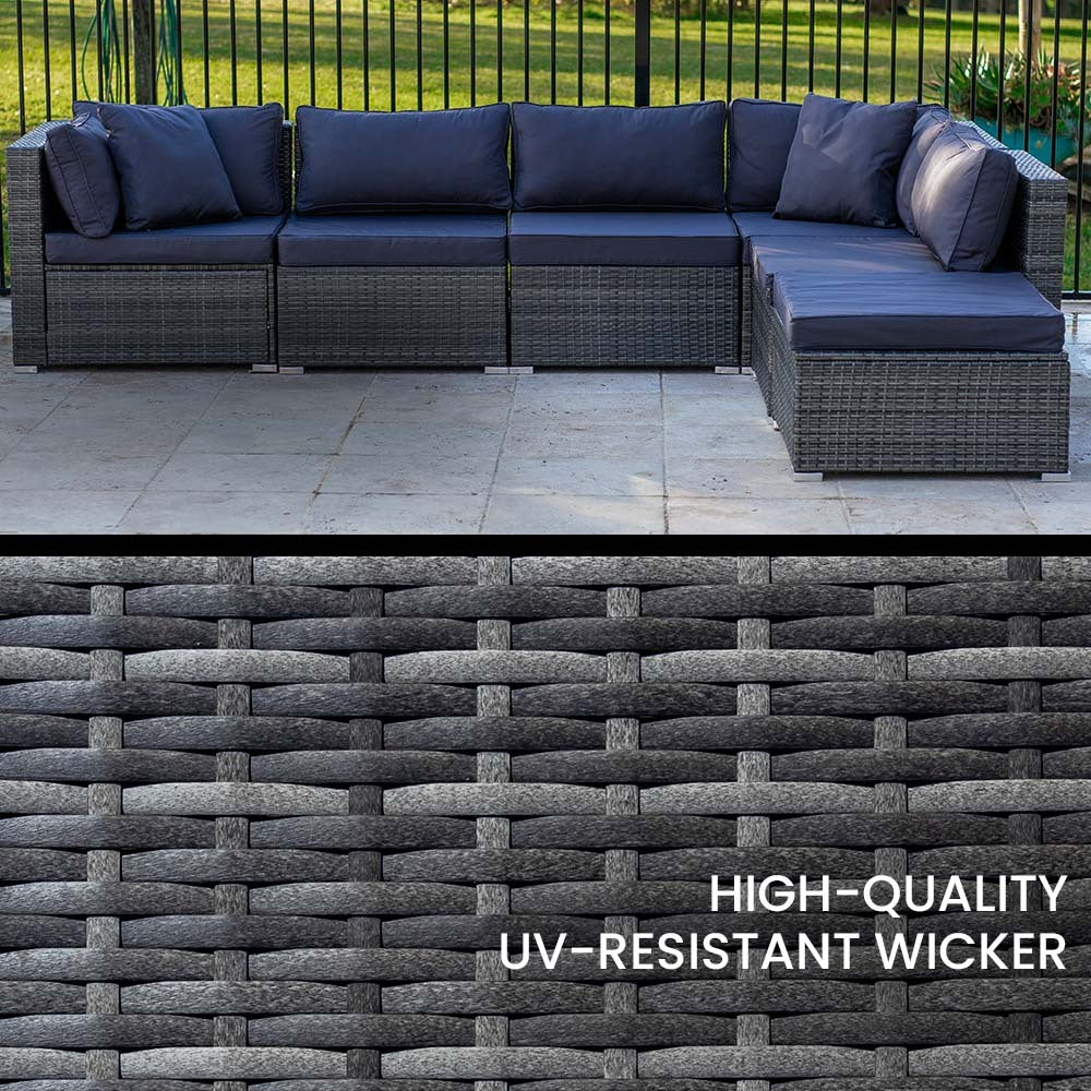 6-Piece Modular Outdoor Lounge Set with Ottoman, Grey - Rust-Free & UV-Resistant