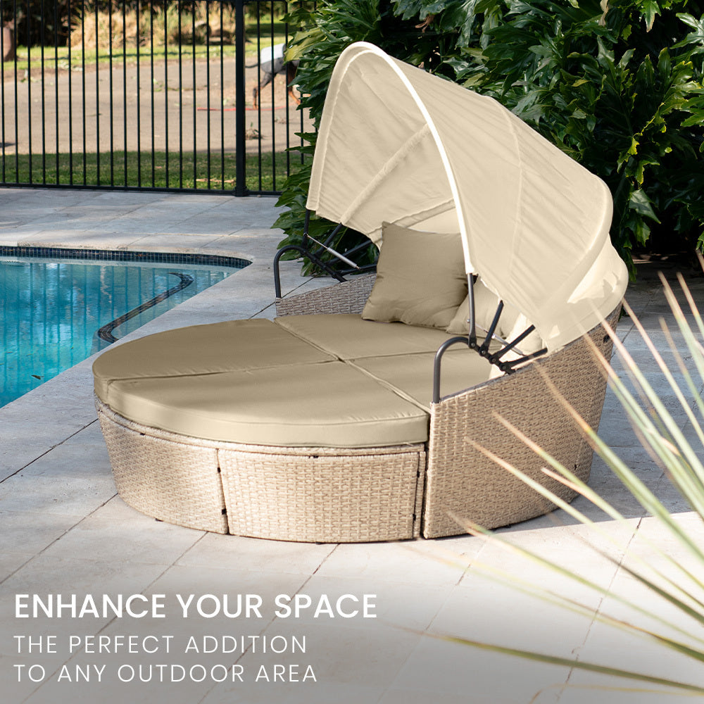 3pc Round Lounge Outdoor Daybed with Beige Wicker & Adjustable Canopy