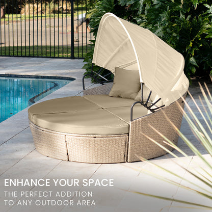 3pc Round Lounge Outdoor Daybed with Beige Wicker & Adjustable Canopy