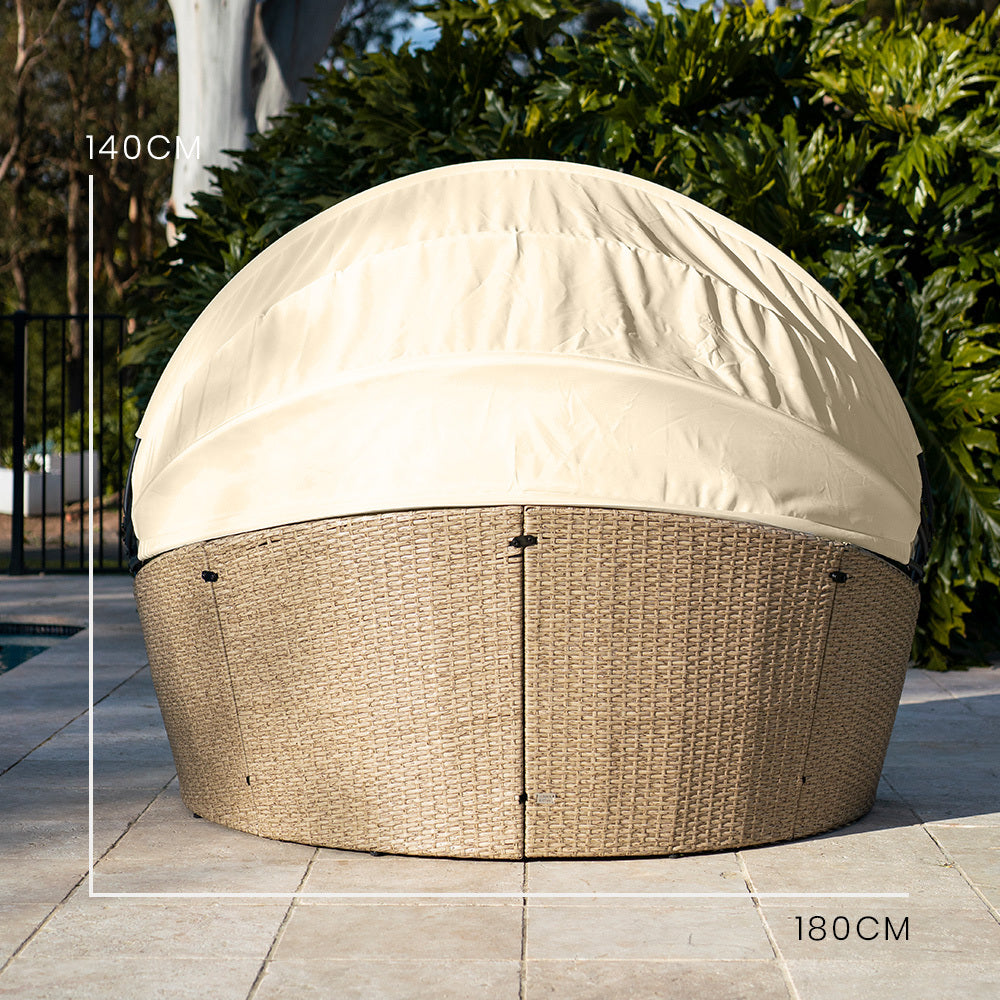 3pc Round Lounge Outdoor Daybed with Beige Wicker & Adjustable Canopy