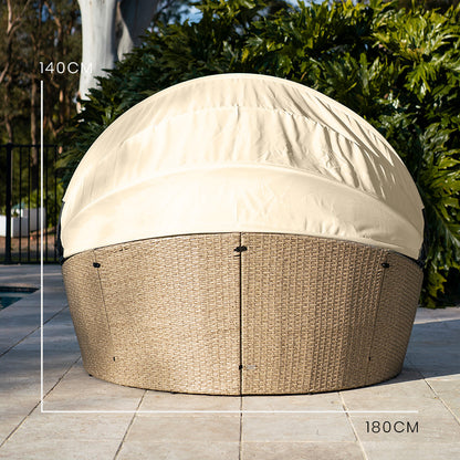 3pc Round Lounge Outdoor Daybed with Beige Wicker & Adjustable Canopy