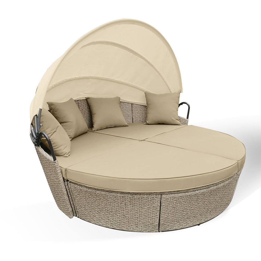 3pc Round Lounge Outdoor Daybed with Beige Wicker & Adjustable Canopy