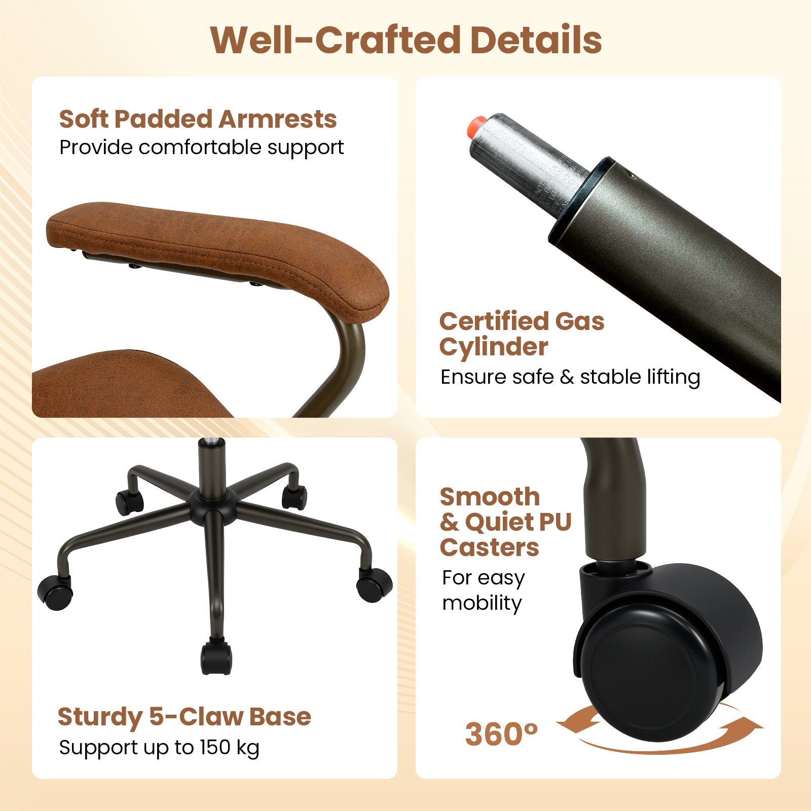 Office Chair Swivel Computer Chair Suede Fabric with Padded Arms-Brown