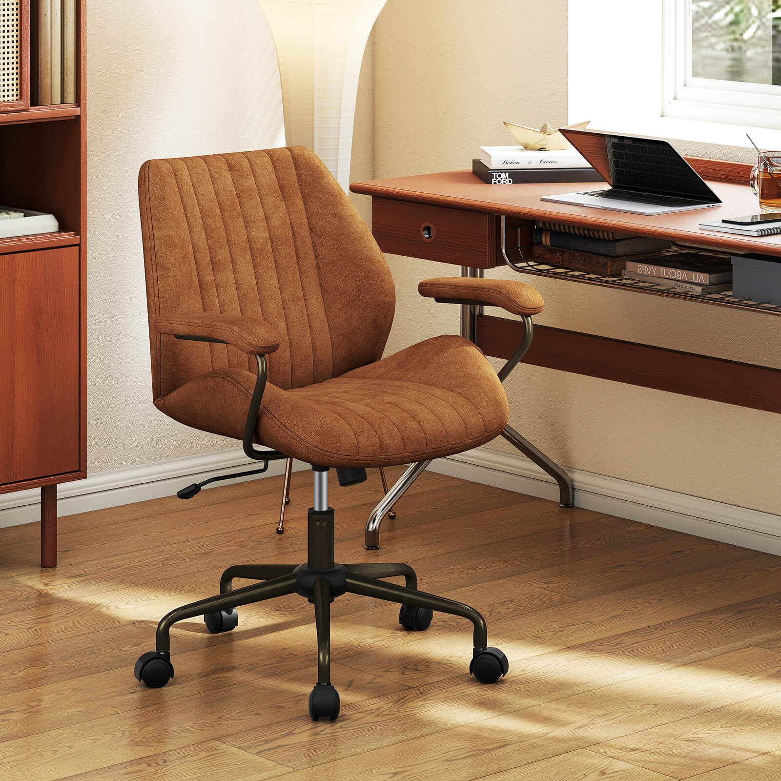 Office Chair Swivel Computer Chair Suede Fabric with Padded Arms-Brown