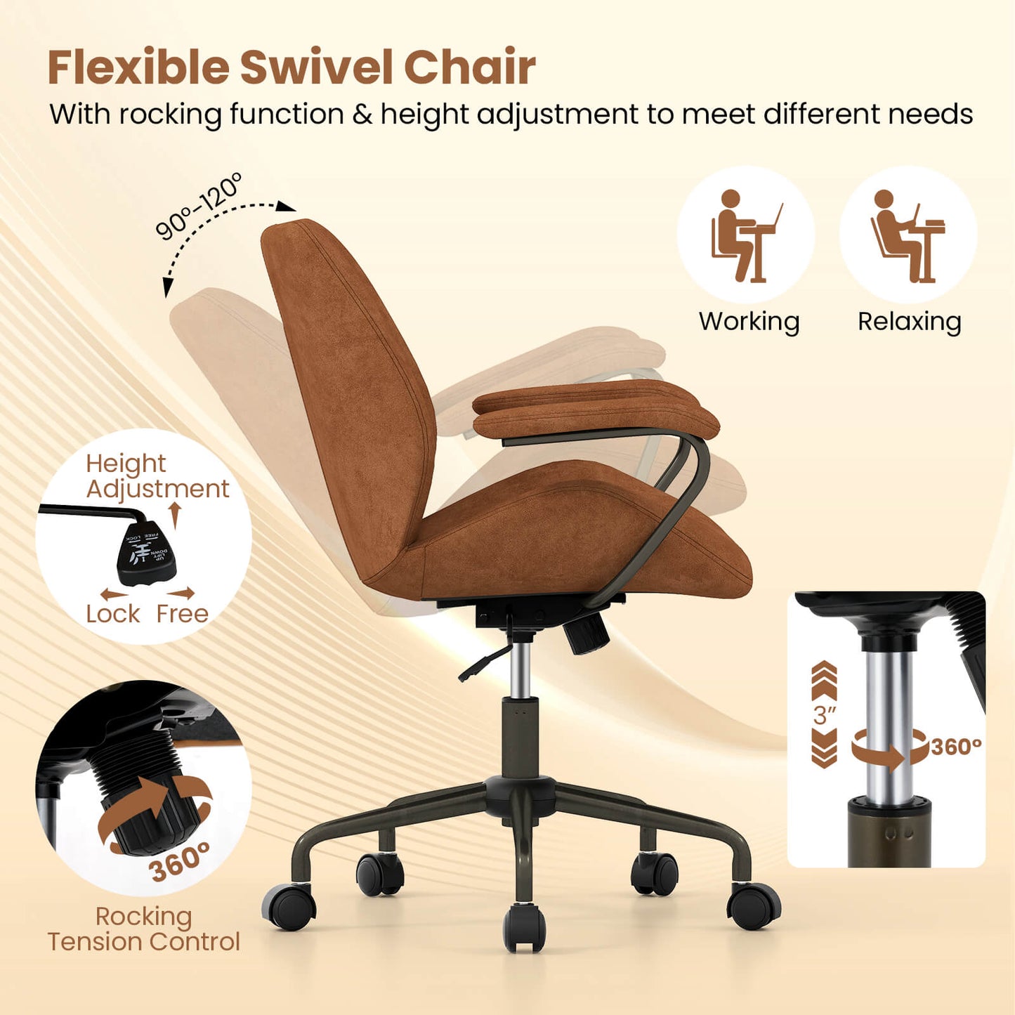 Office Chair Swivel Computer Chair Suede Fabric with Padded Arms-Brown