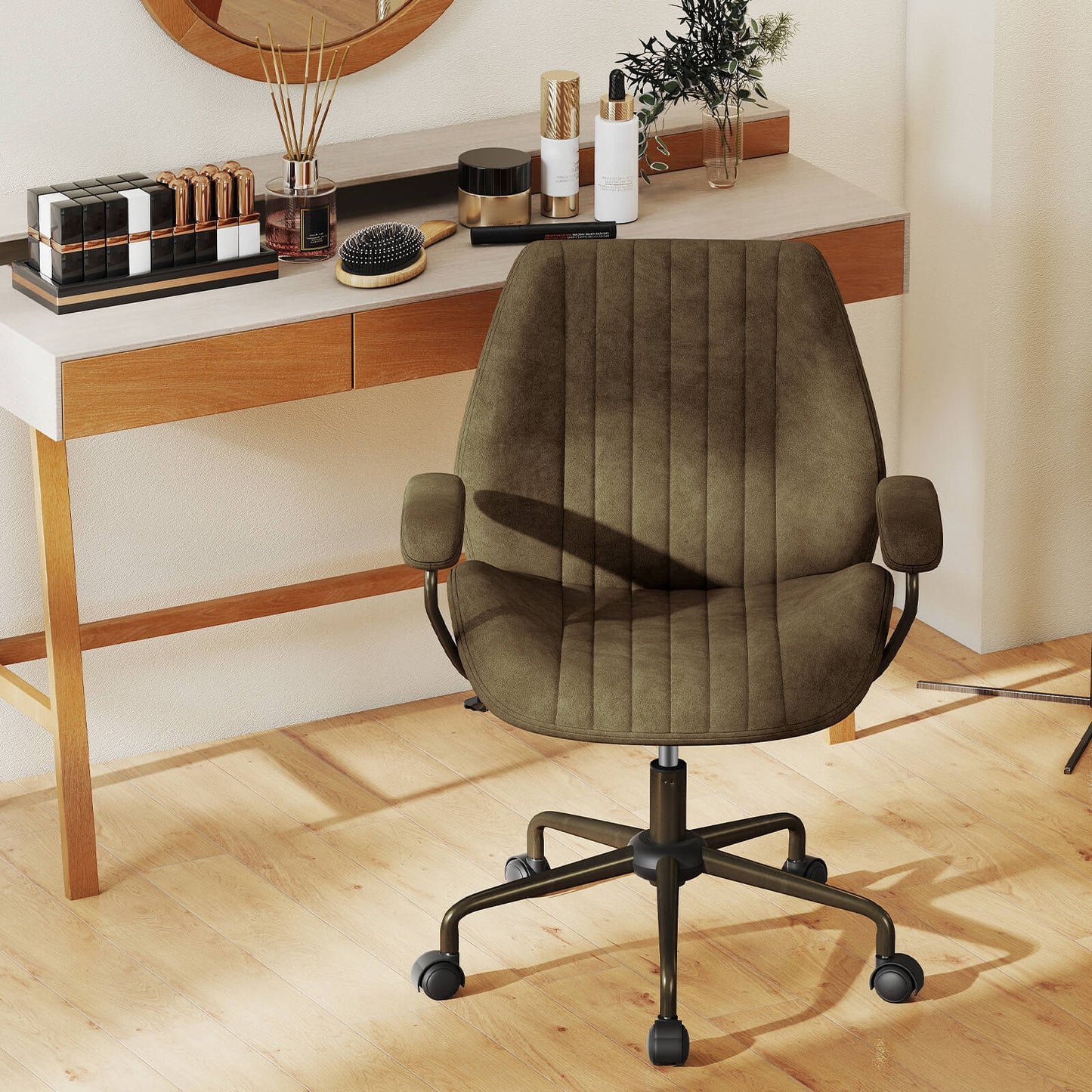 Office Chair Swivel Computer Chair Suede Fabric with Padded Arms-Olive