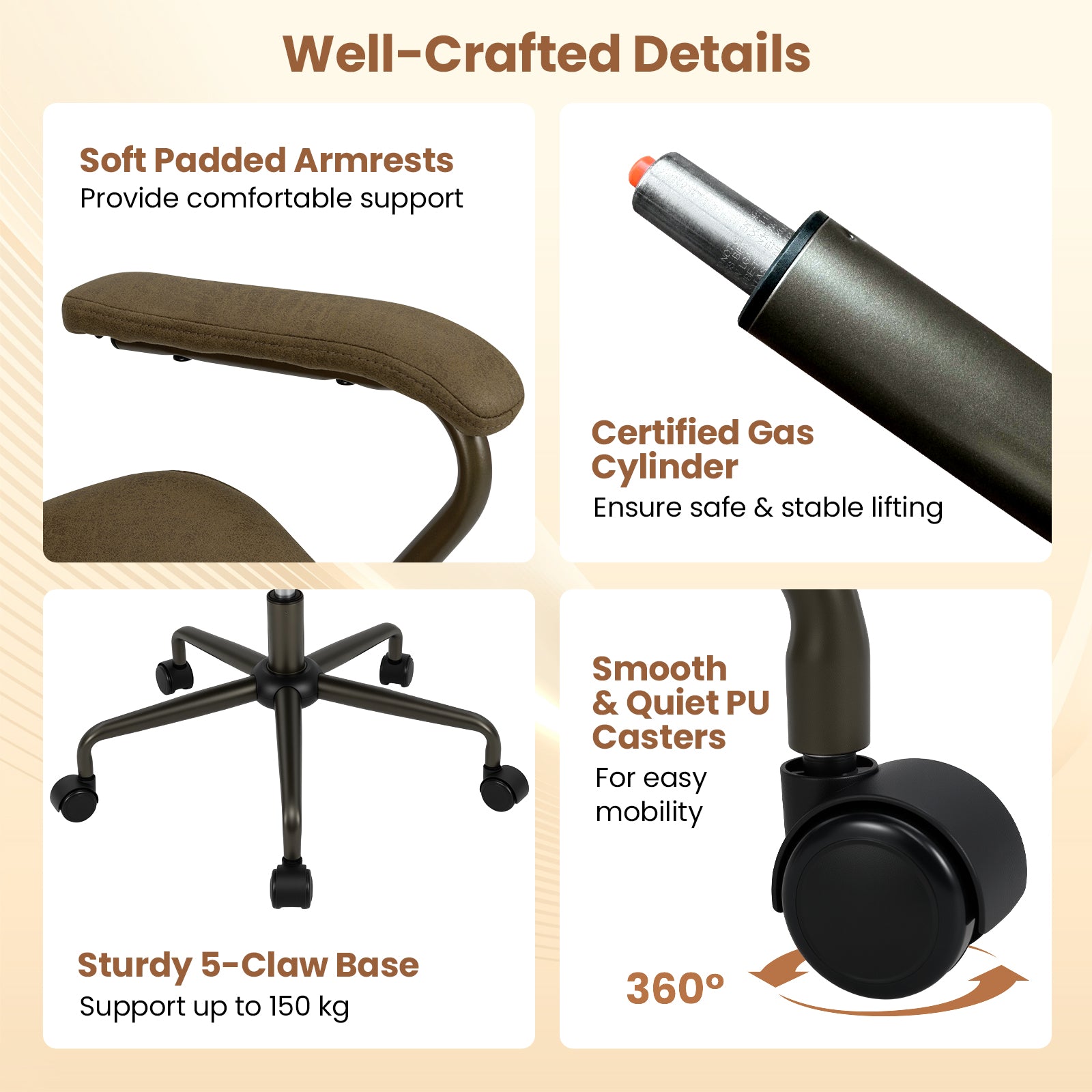 Office Chair Swivel Computer Chair Suede Fabric with Padded Arms-Olive