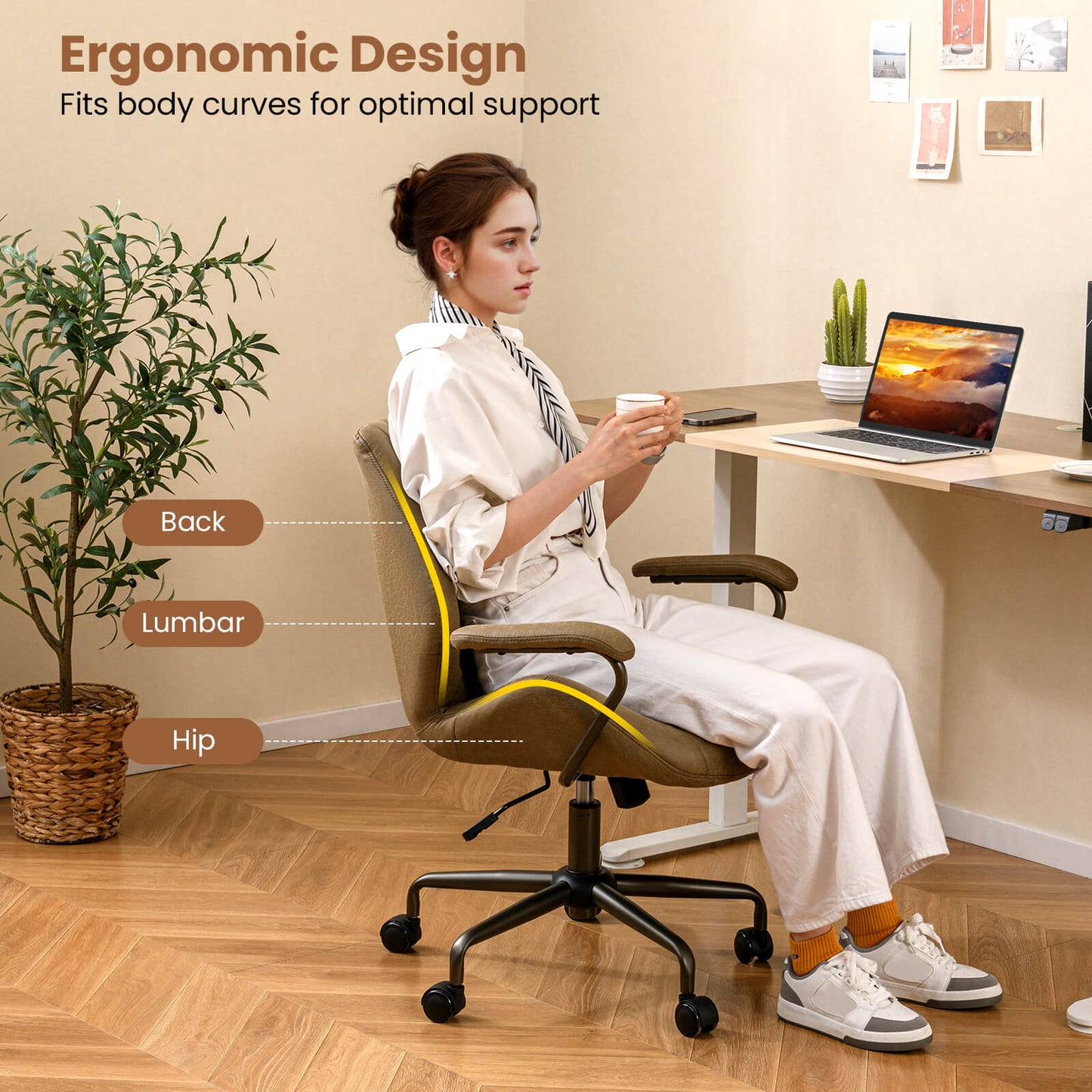Office Chair Swivel Computer Chair Suede Fabric with Padded Arms-Olive