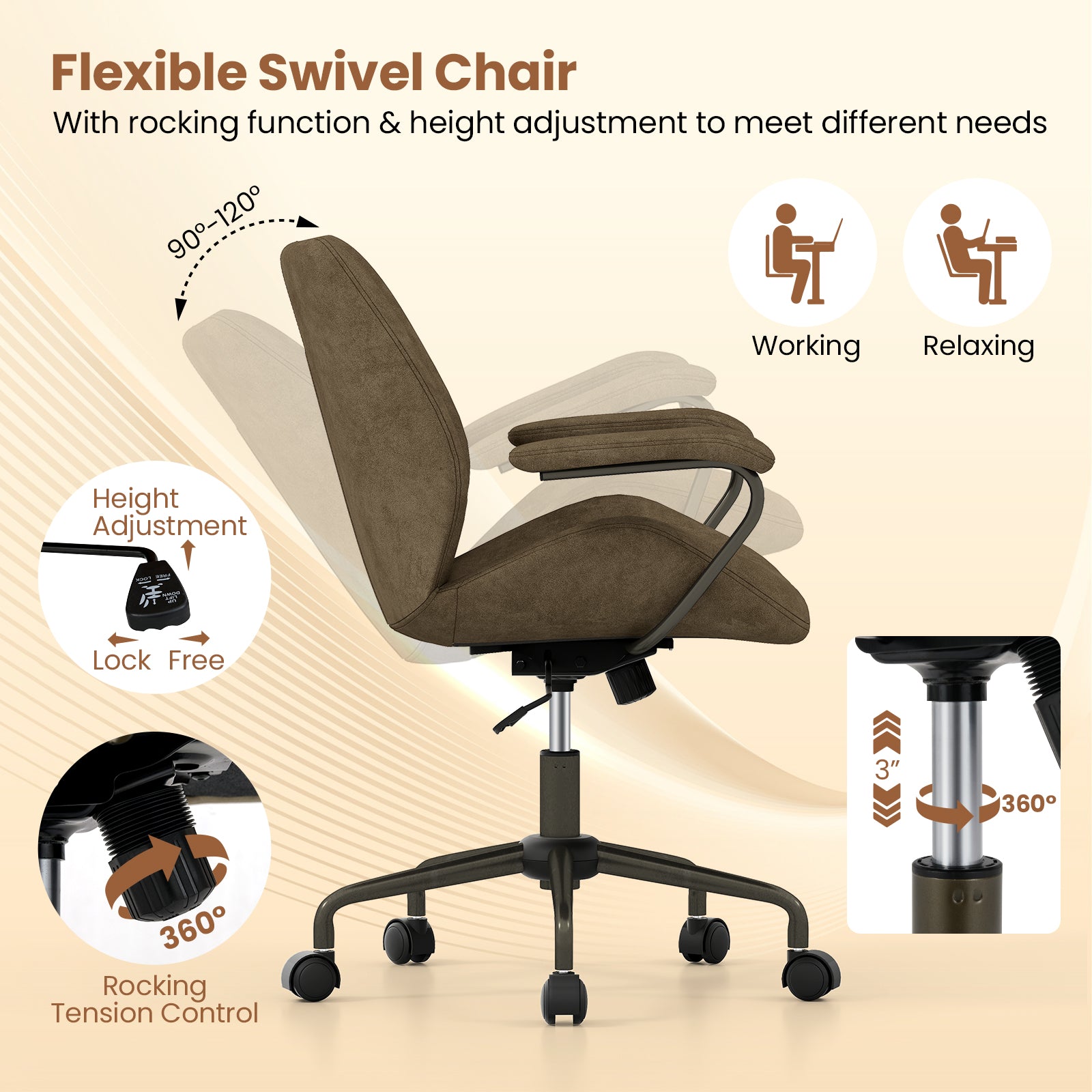 Office Chair Swivel Computer Chair Suede Fabric with Padded Arms-Olive