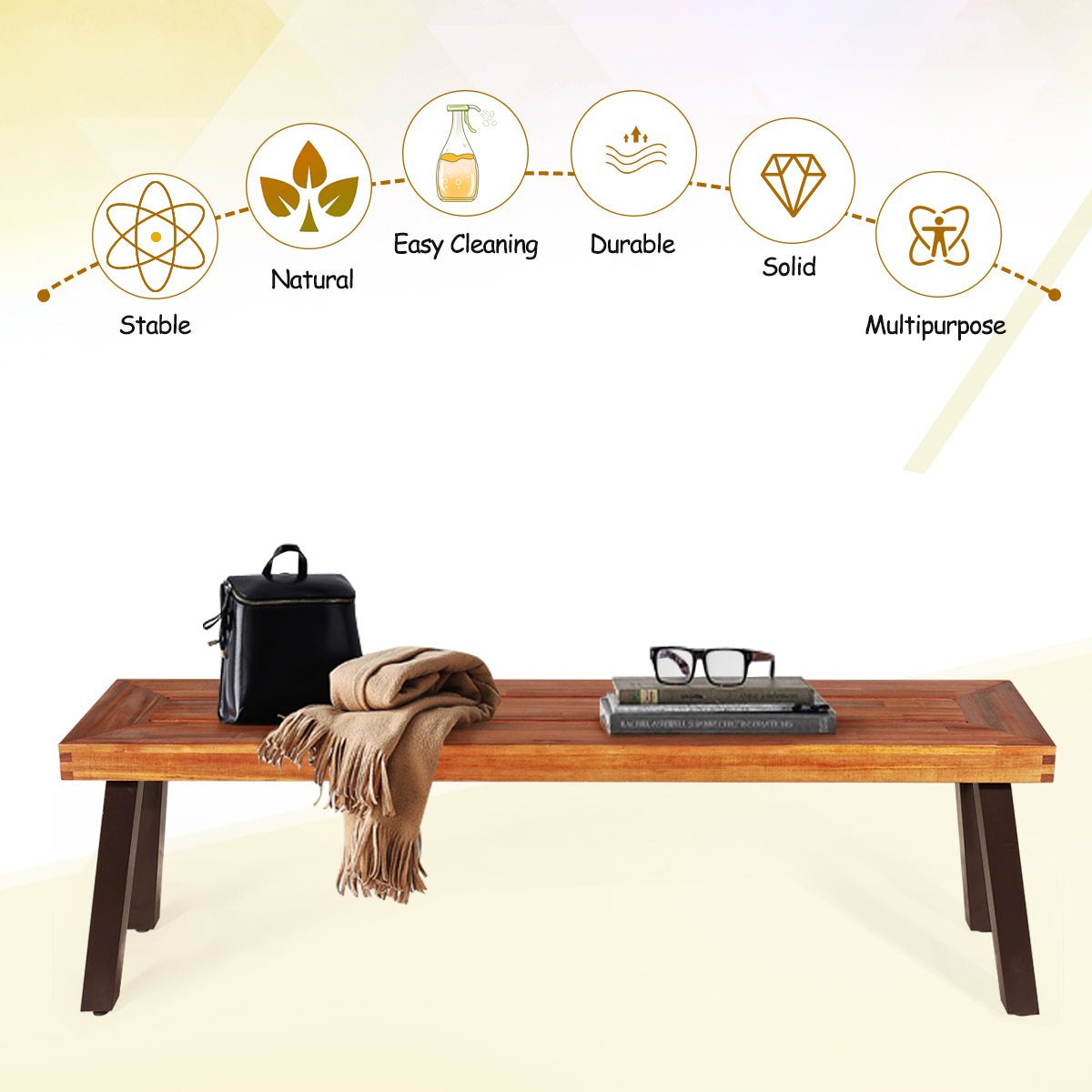 Outdoor Acacia Wood Bench with Rustic Steel Legs for Garden Poolside-2 pieces