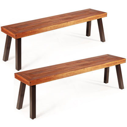 Outdoor Acacia Wood Bench with Rustic Steel Legs for Garden Poolside-2 pieces
