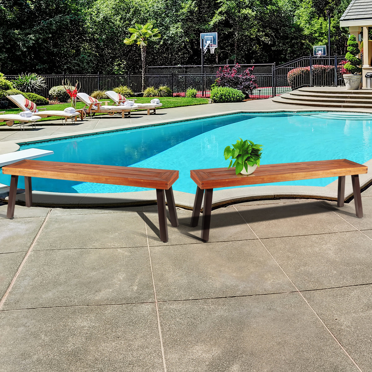 Outdoor Acacia Wood Bench with Rustic Steel Legs for Garden Poolside-2 pieces