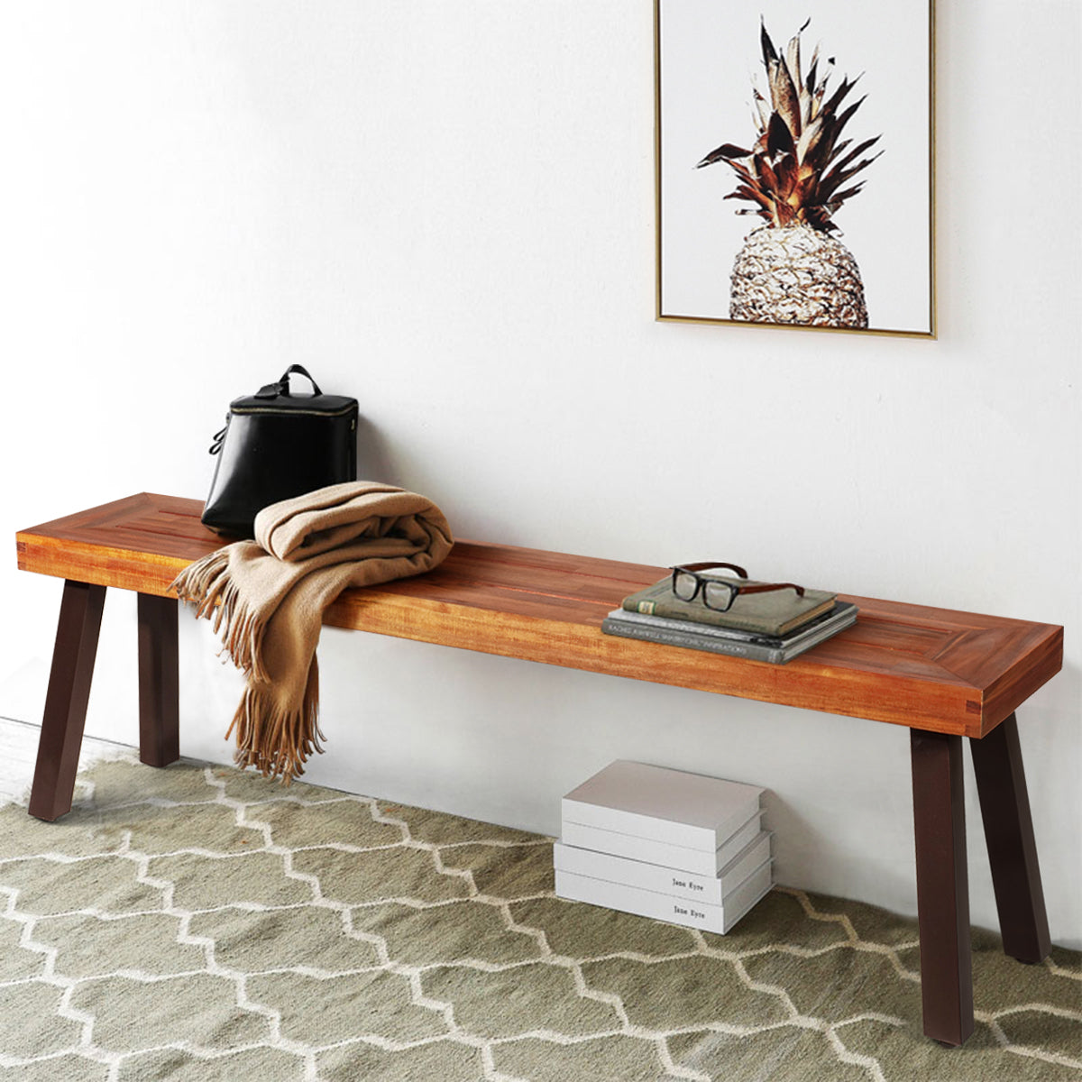 Outdoor Acacia Wood Bench with Rustic Steel Legs for Garden Poolside-2 pieces