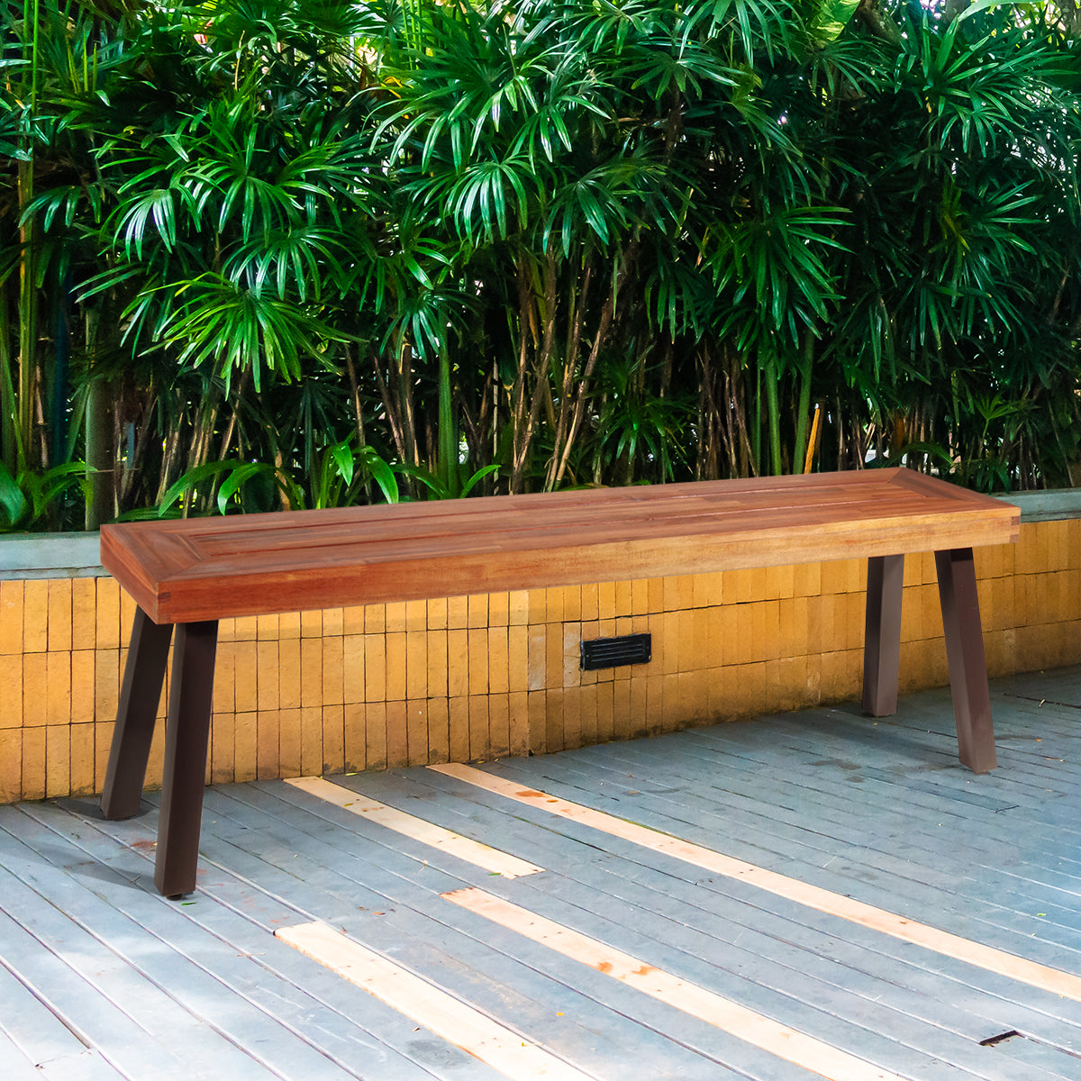 Outdoor Acacia Wood Bench with Rustic Steel Legs for Garden Poolside-2 pieces
