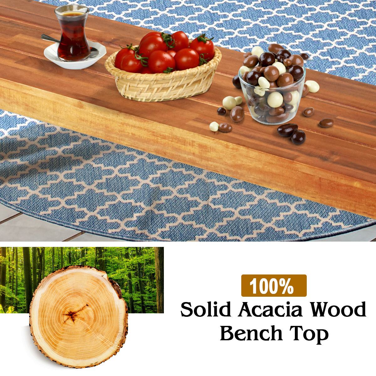 Outdoor Acacia Wood Bench with Rustic Steel Legs for Garden Poolside-2 pieces