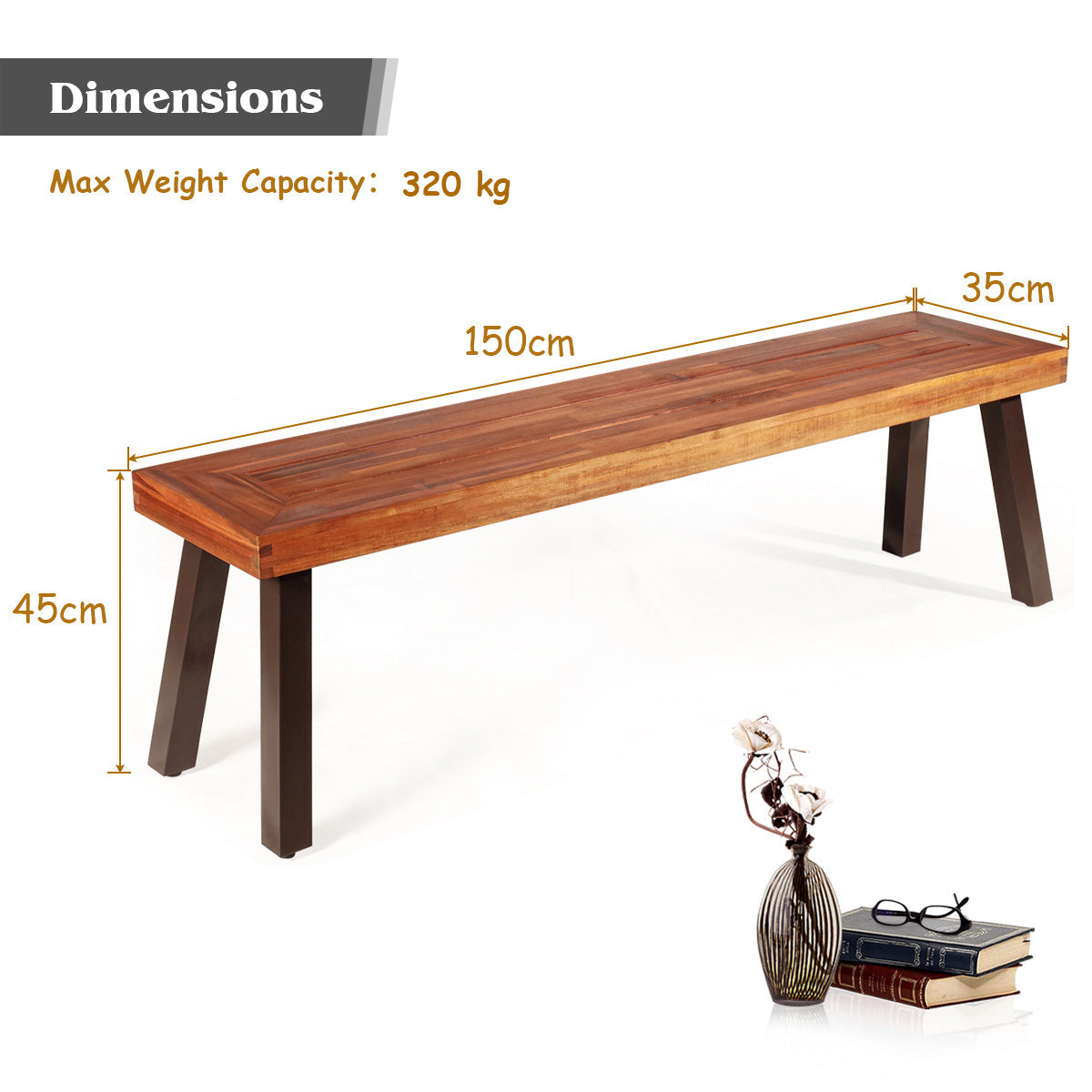 Outdoor Acacia Wood Bench with Rustic Steel Legs for Garden Poolside-2 pieces