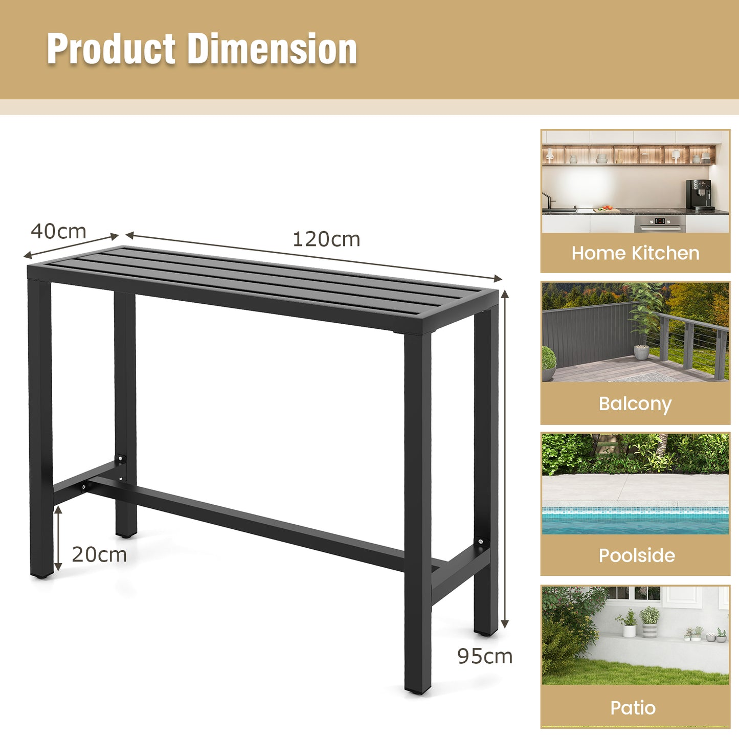 Outdoor Bar Table 120 cm Rectangle Patio Counter Height Table High Pub Table-Black-M