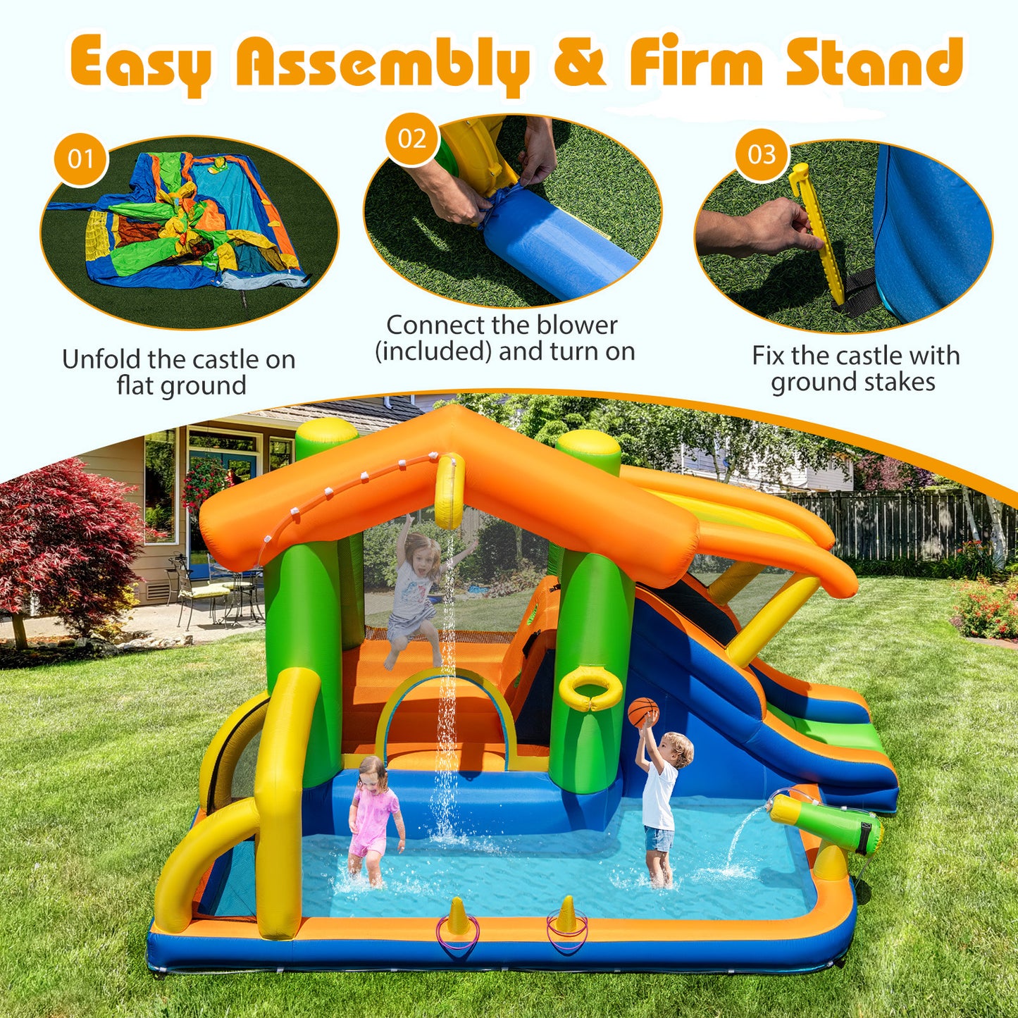 8-In-1 Outdoor Bouncy Castle with 550W Blower
