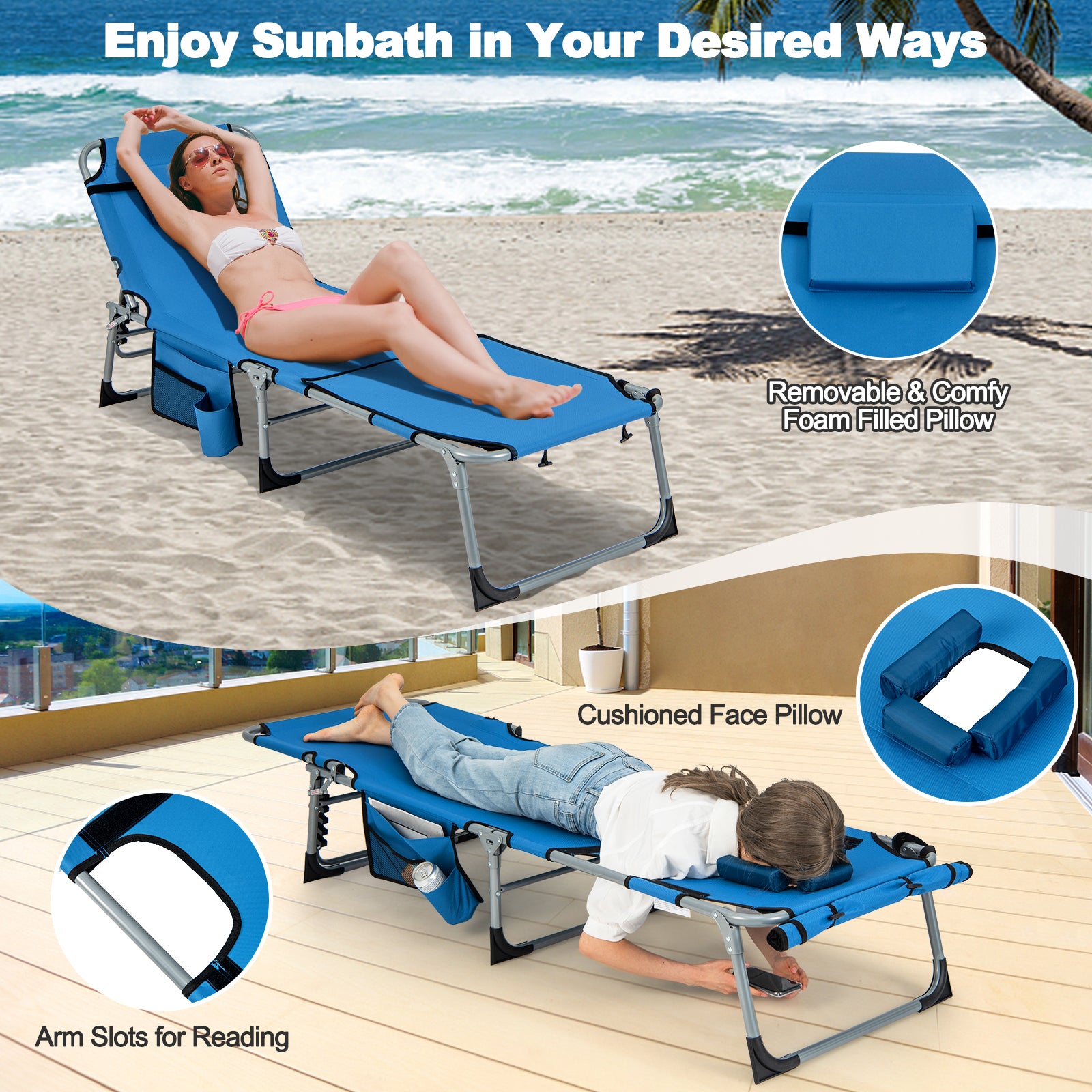 Outdoor Folding Chaise Lounge Chair 5-position Lounge Chair-Blue