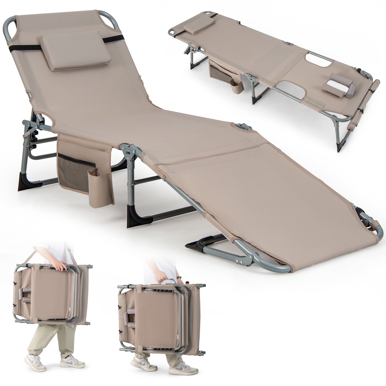 Outdoor Folding Chaise Lounge Chair 5-position Lounge Chair-Brown