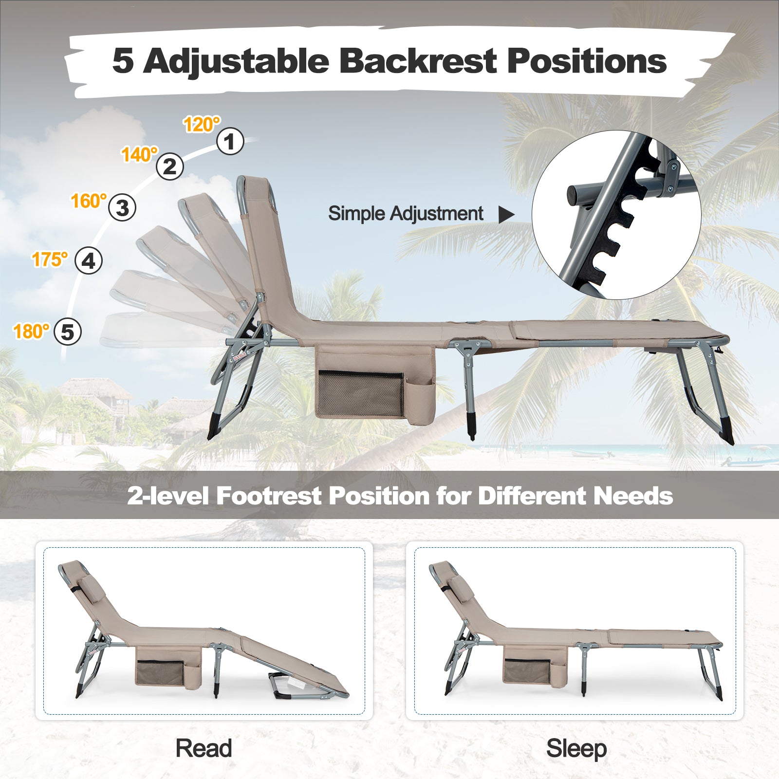 Outdoor Folding Chaise Lounge Chair 5-position Lounge Chair-Brown