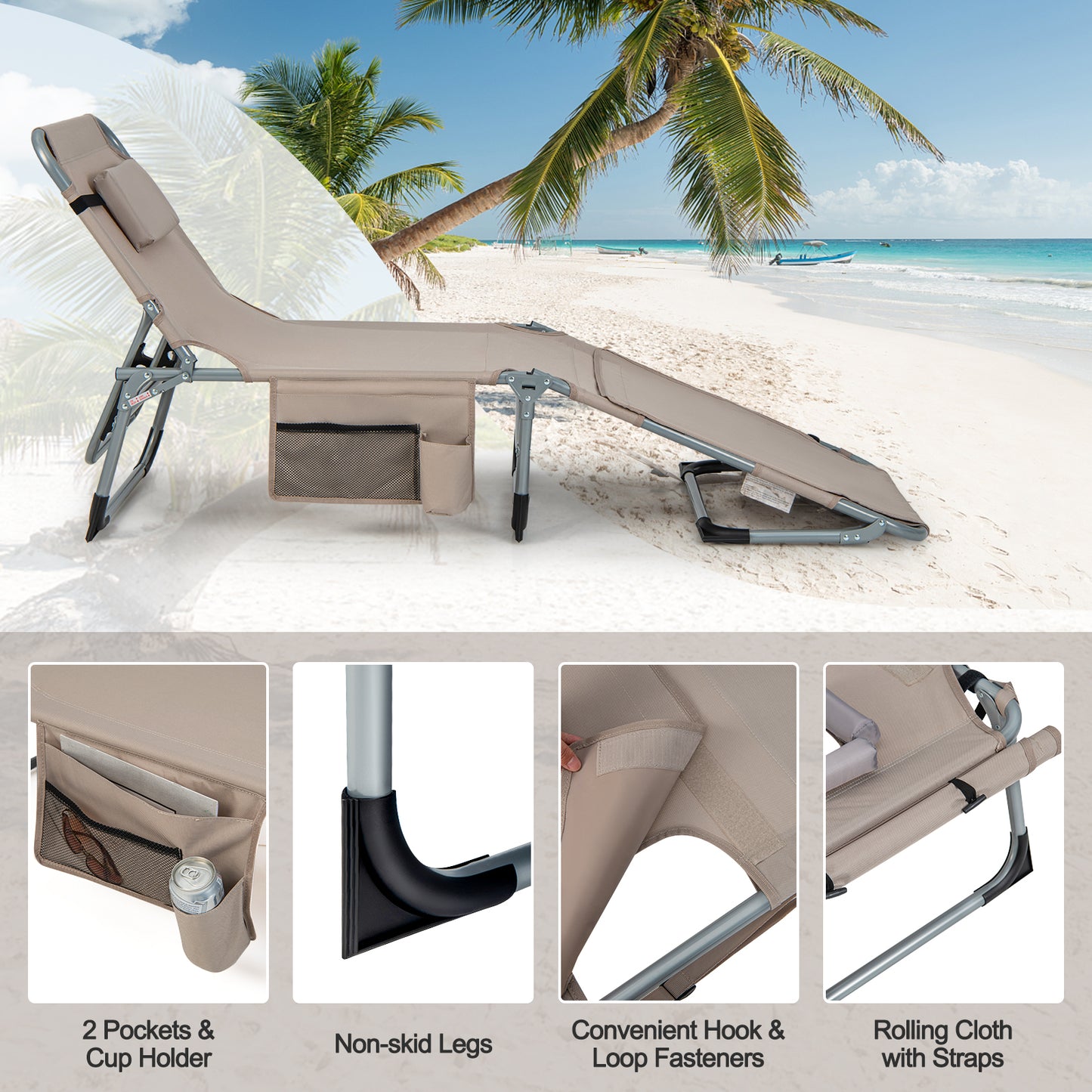 Outdoor Folding Chaise Lounge Chair 5-position Lounge Chair-Brown
