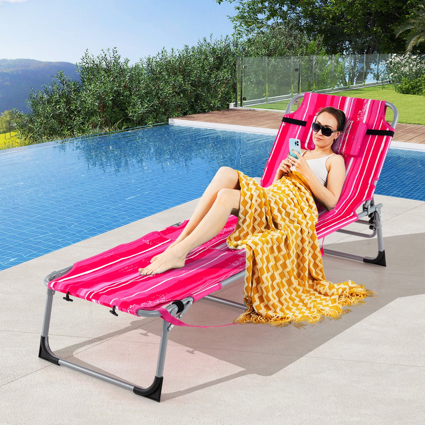 Outdoor Folding Chaise Lounge Chair 5-position Lounge Chair-Pink