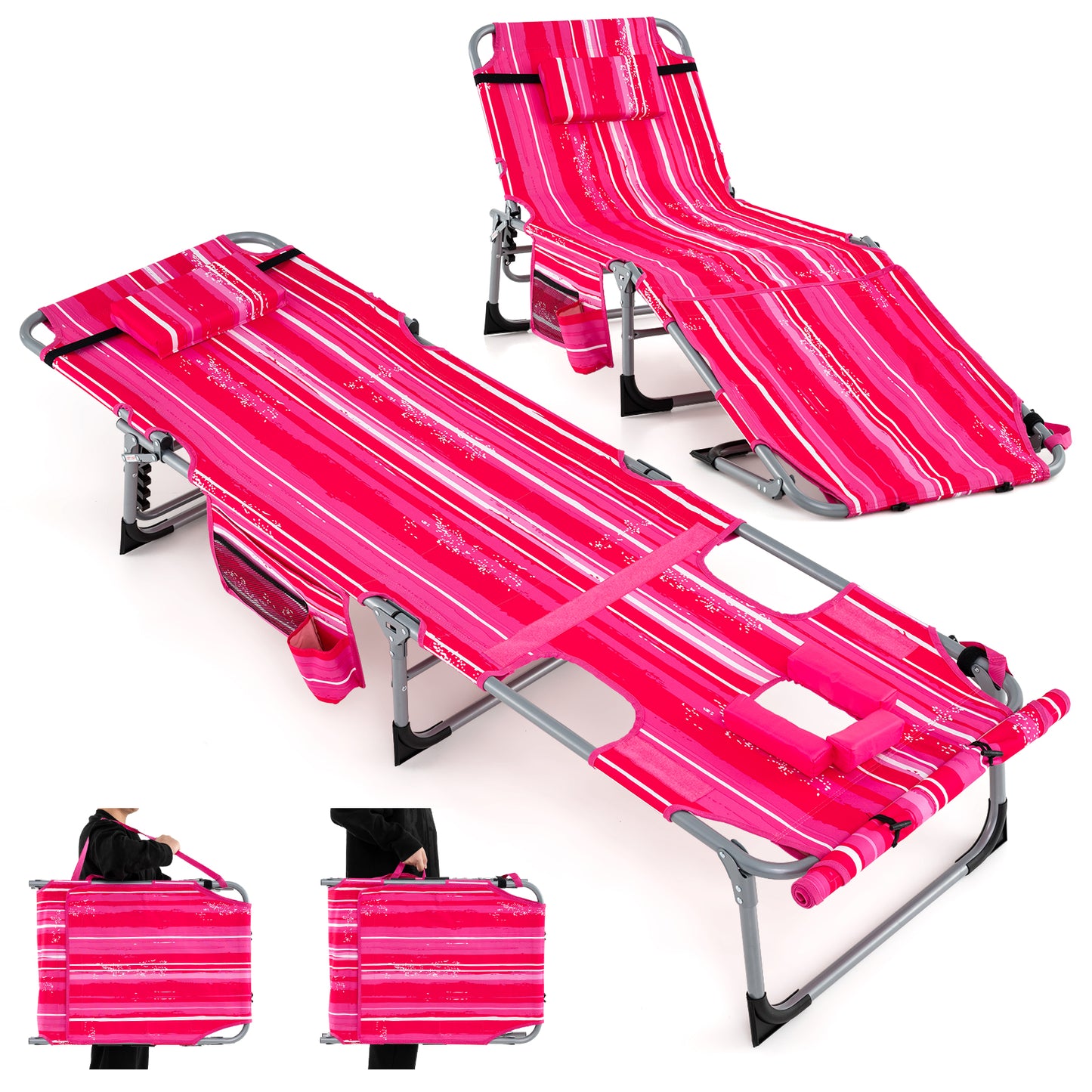 Outdoor Folding Chaise Lounge Chair 5-position Lounge Chair-Pink