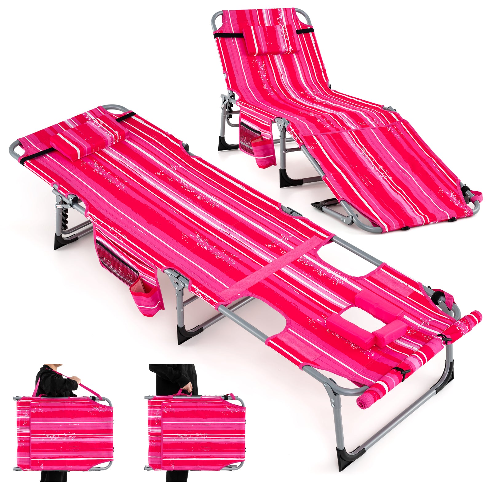 Outdoor Folding Chaise Lounge Chair 5-position Lounge Chair-Pink