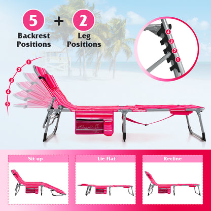Outdoor Folding Chaise Lounge Chair 5-position Lounge Chair-Pink