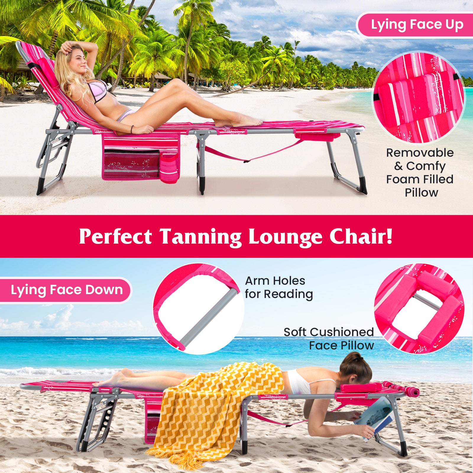 Outdoor Folding Chaise Lounge Chair 5-position Lounge Chair-Pink