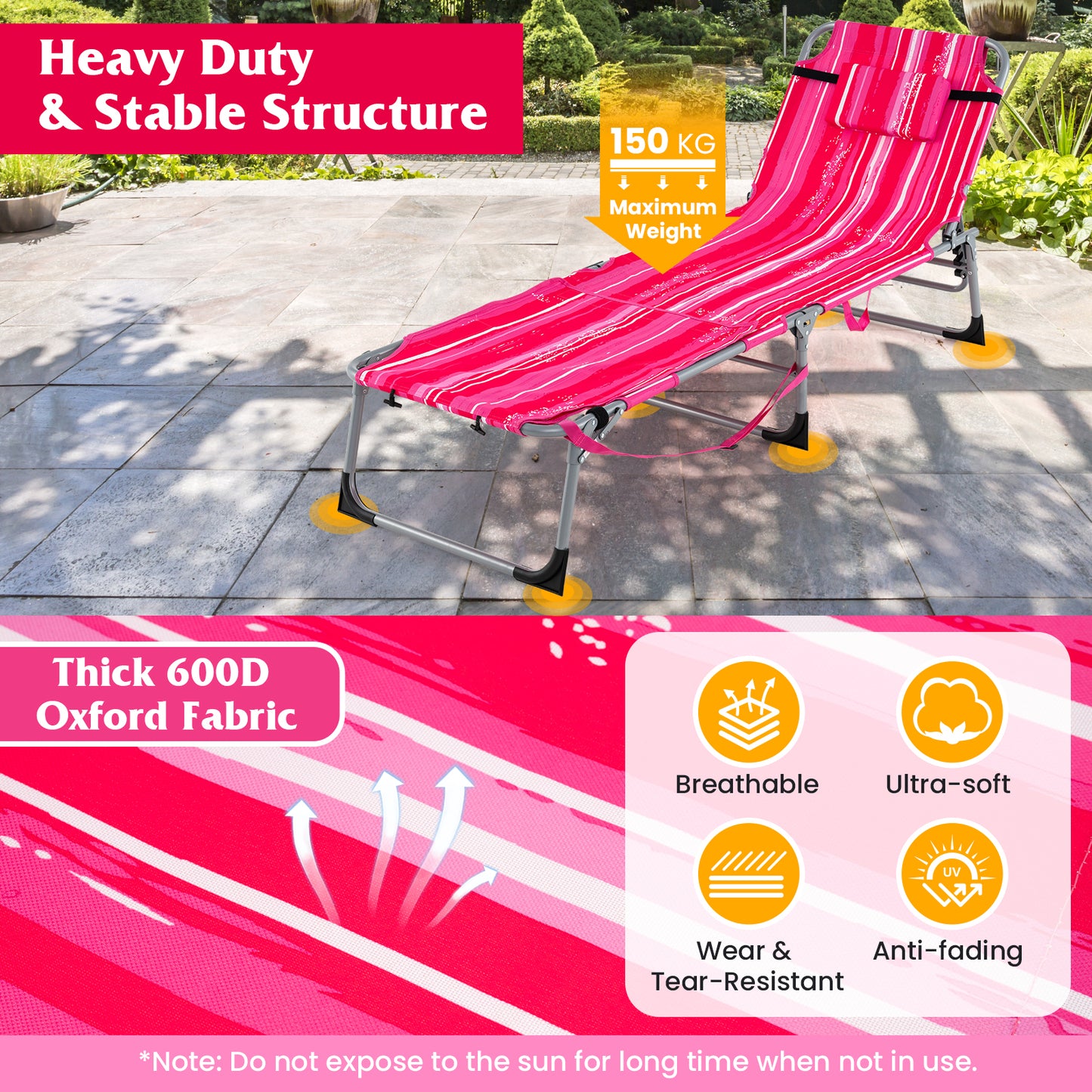 Outdoor Folding Chaise Lounge Chair 5-position Lounge Chair-Pink
