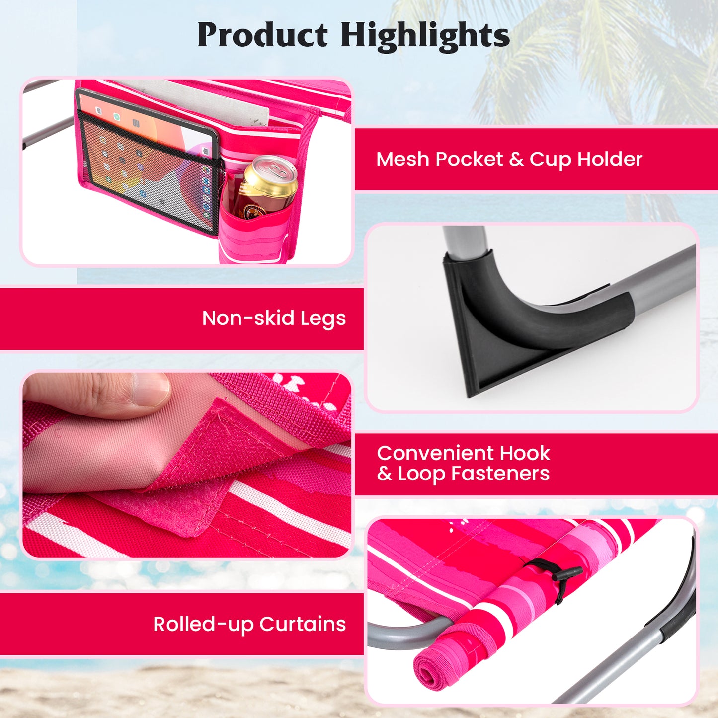 Outdoor Folding Chaise Lounge Chair 5-position Lounge Chair-Pink