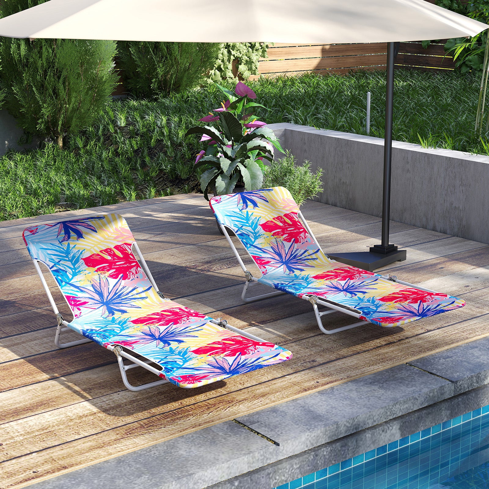 2 Pieces 5-position Outdoor Folding Chaise Lounge with Carry Strap for Patio-Multicolour