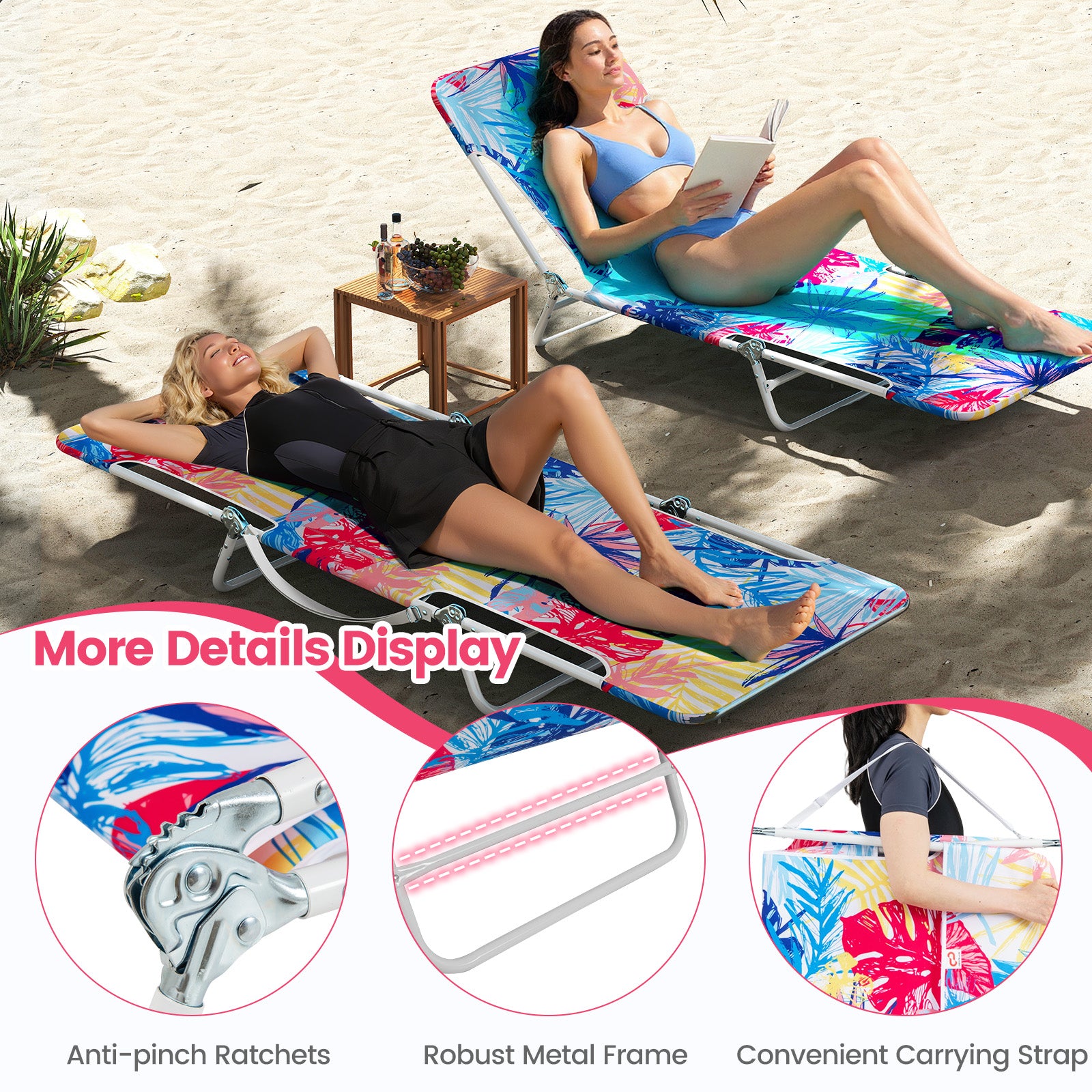 2 Pieces 5-position Outdoor Folding Chaise Lounge with Carry Strap for Patio-Multicolour