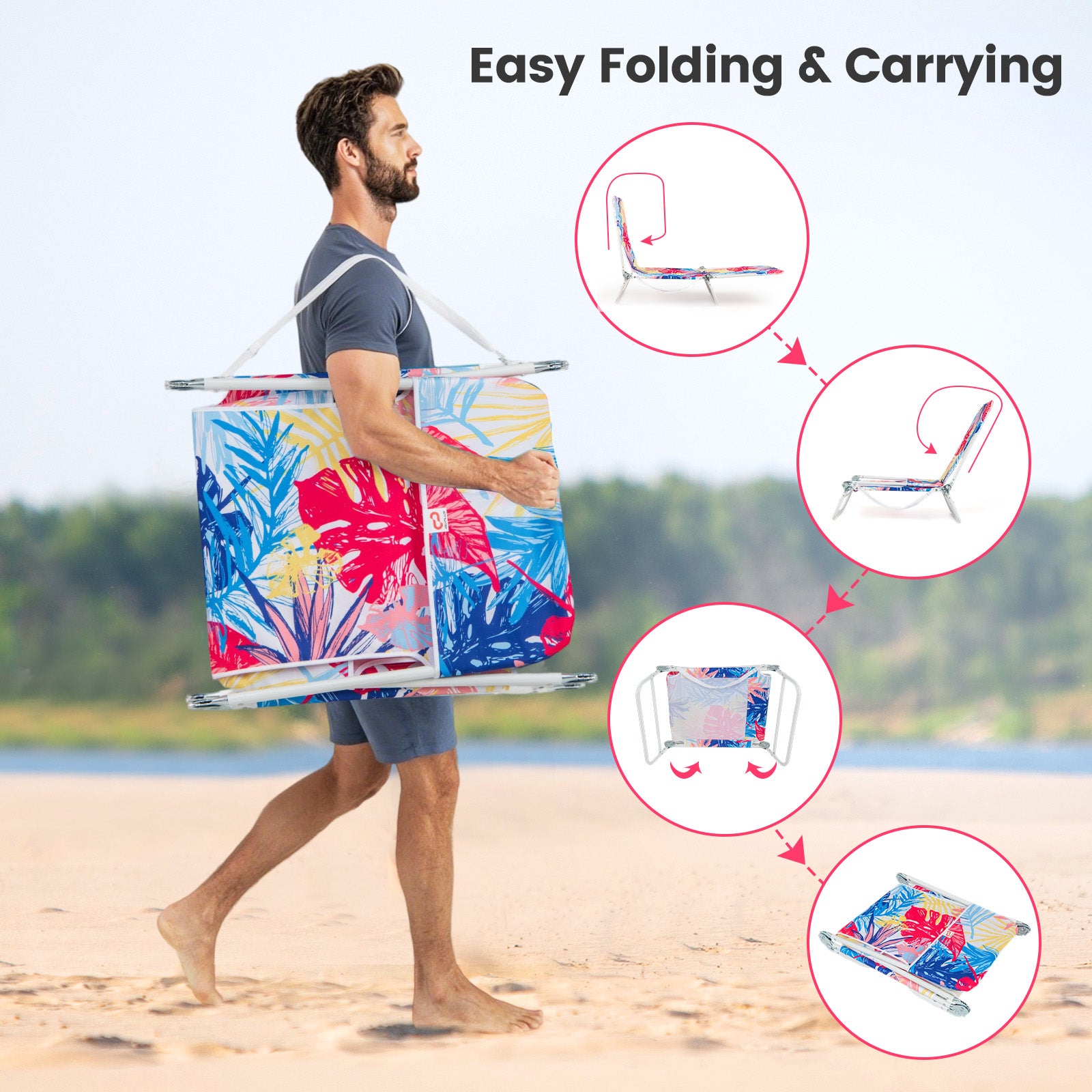 2 Pieces 5-position Outdoor Folding Chaise Lounge with Carry Strap for Patio-Multicolour