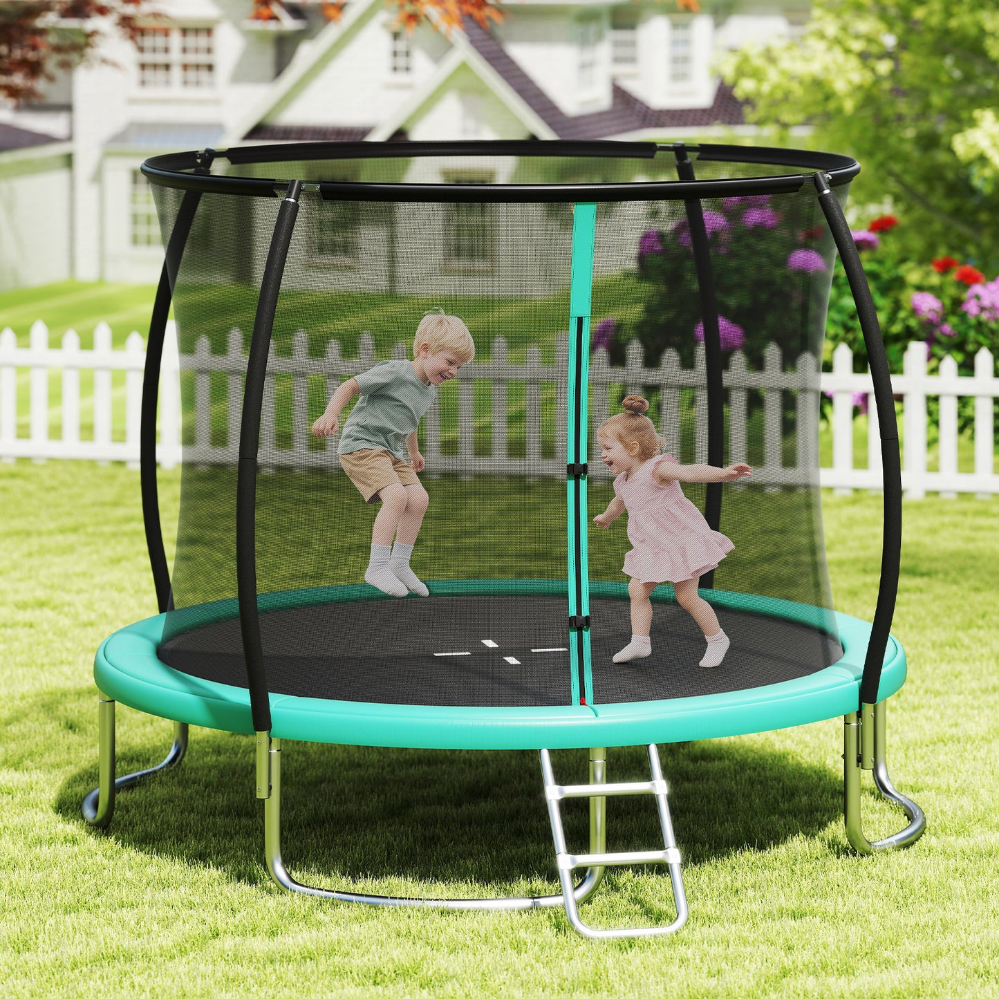 Outdoor Heavy-Duty Recreational Trampoline with Safety Enclosure Net-Green
