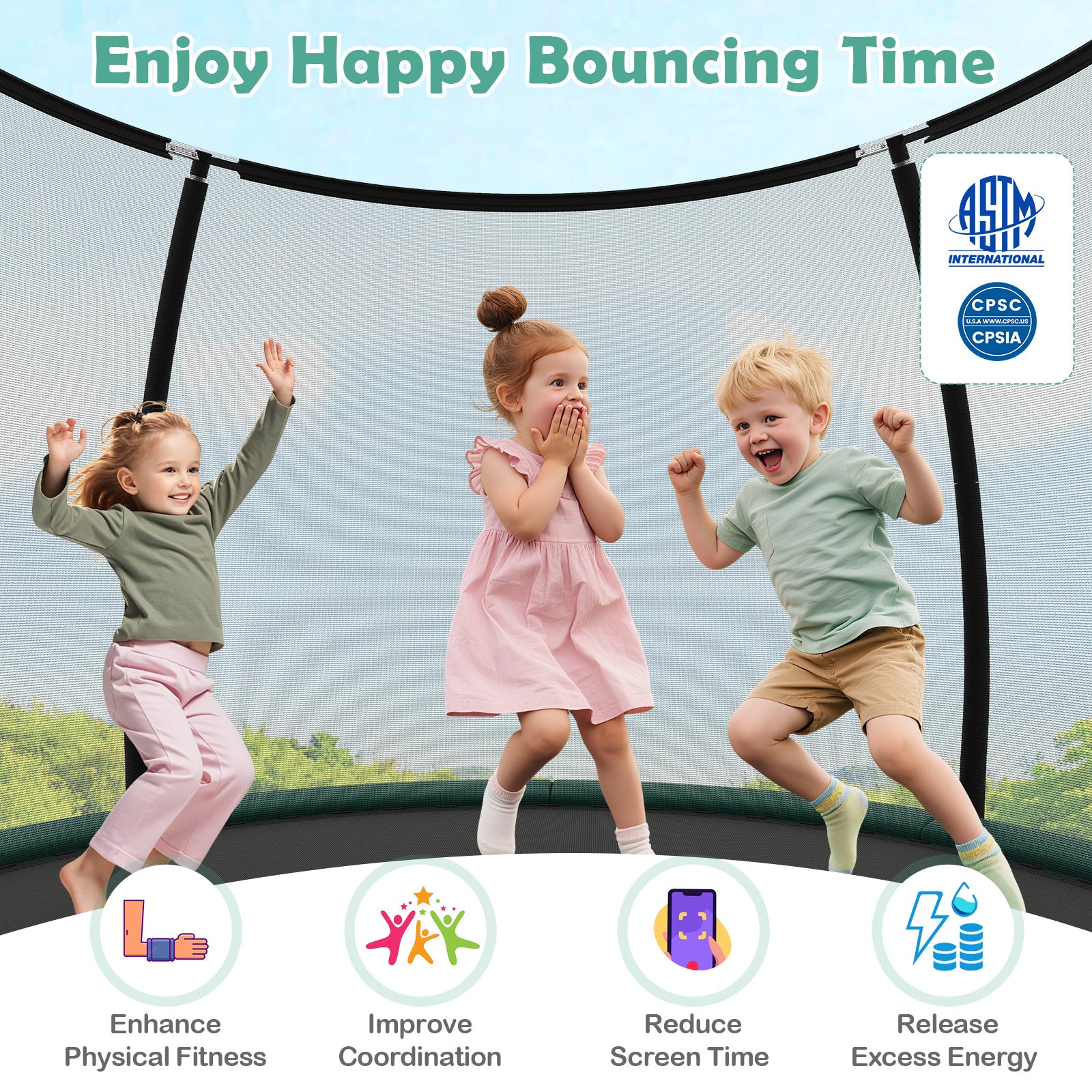 Outdoor Heavy-Duty Recreational Trampoline with Safety Enclosure Net-Green