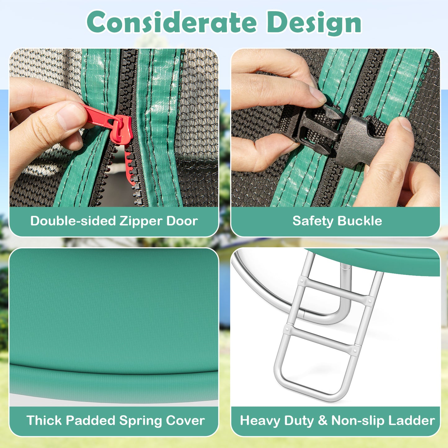 Outdoor Heavy-Duty Recreational Trampoline with Safety Enclosure Net-Green