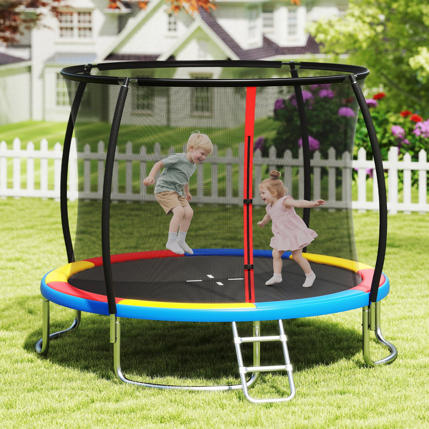 Outdoor Heavy-Duty Recreational Trampoline with Safety Enclosure Net-Multicolour