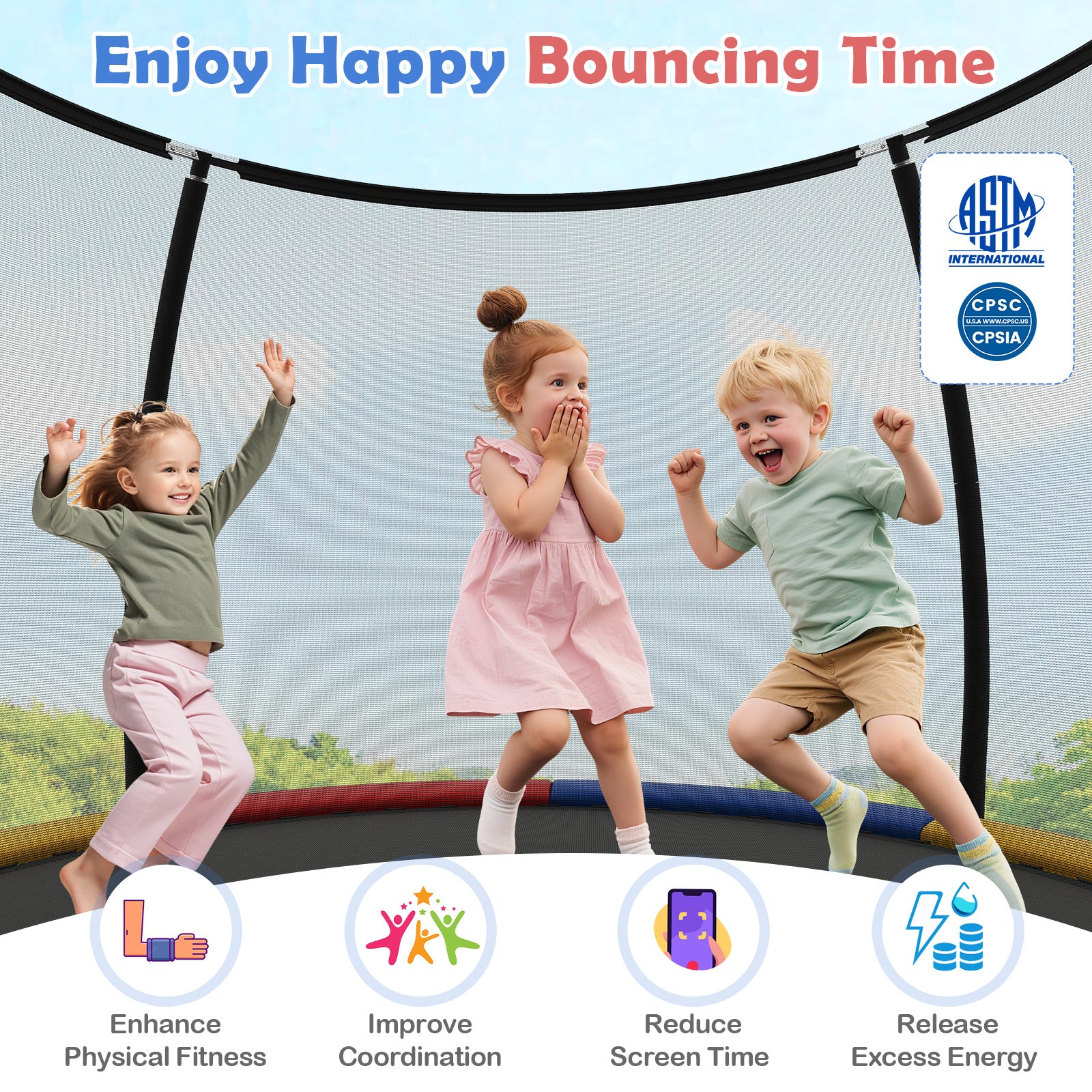 Outdoor Heavy-Duty Recreational Trampoline with Safety Enclosure Net-Multicolour