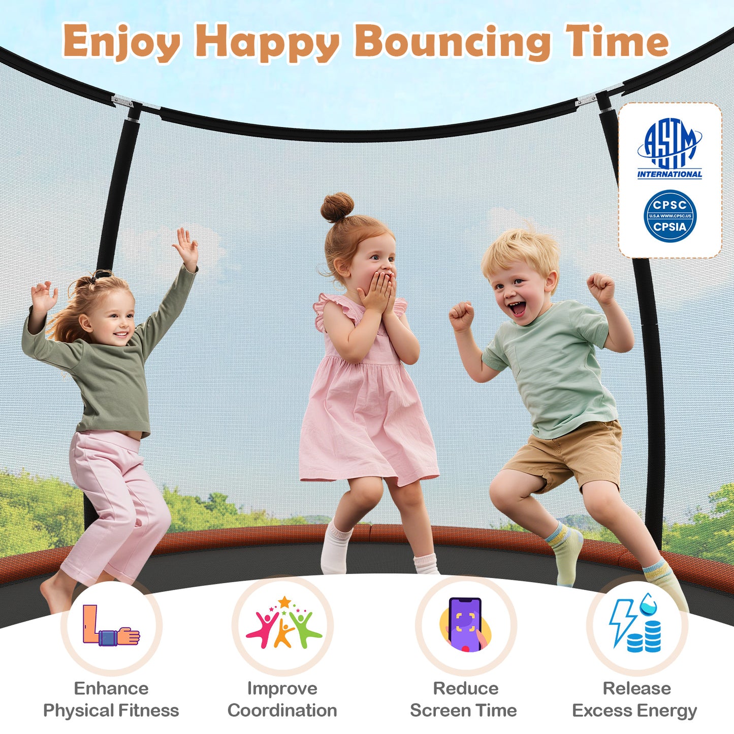 Outdoor Heavy-Duty Recreational Trampoline with Safety Enclosure Net-Orange