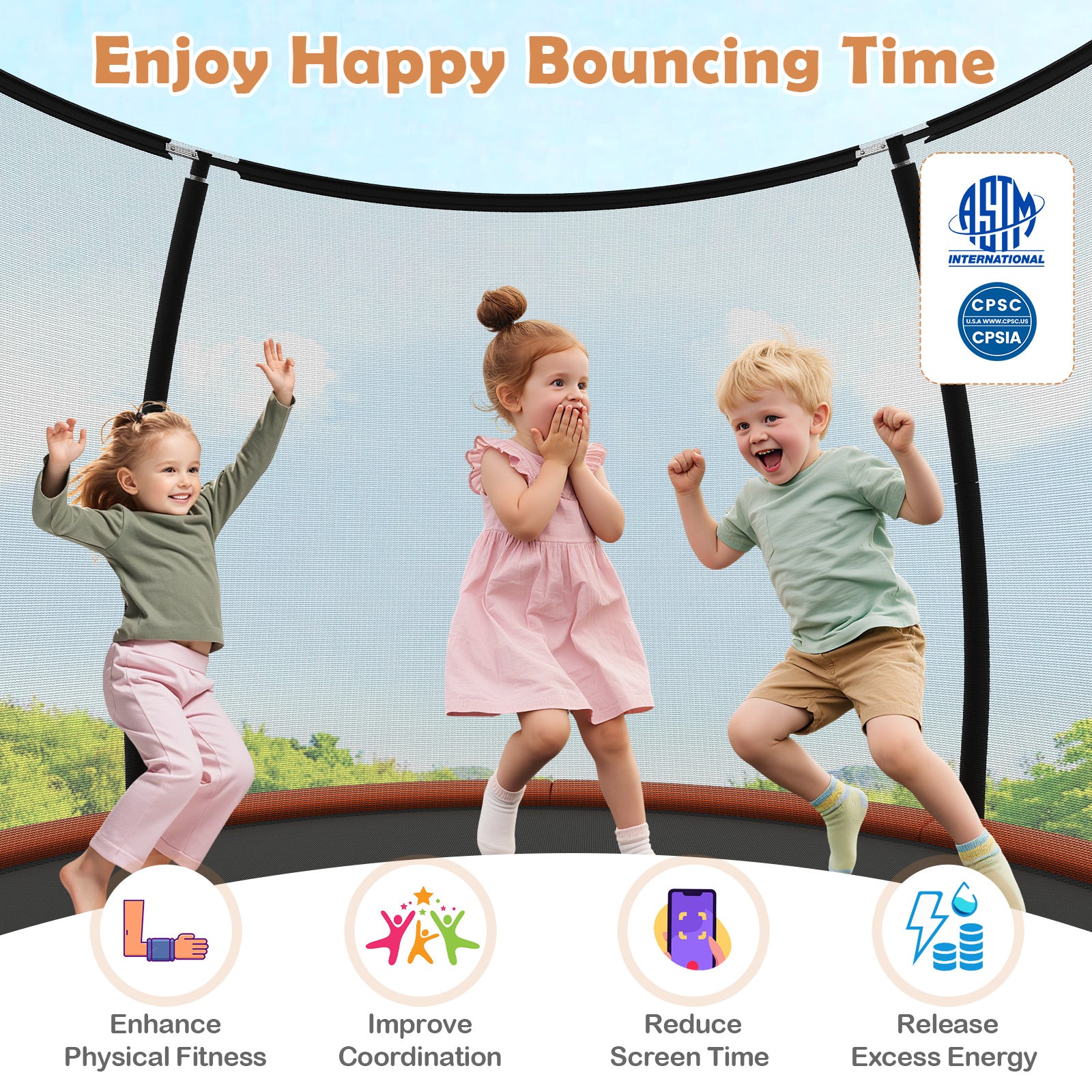 Outdoor Heavy-Duty Recreational Trampoline with Safety Enclosure Net-Orange