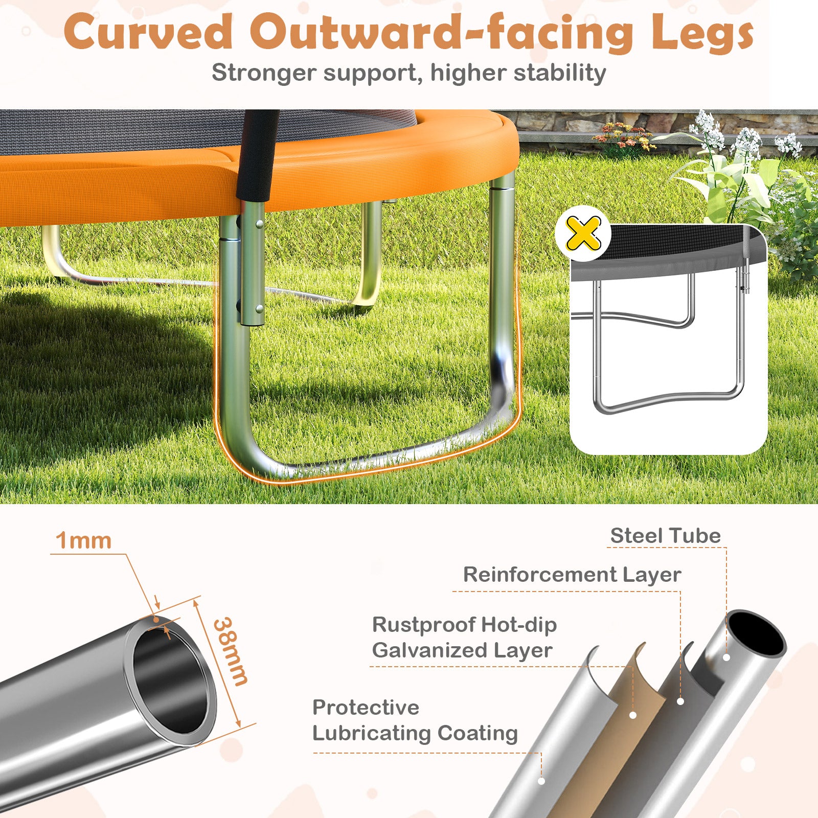 Outdoor Heavy-Duty Recreational Trampoline with Safety Enclosure Net-Orange
