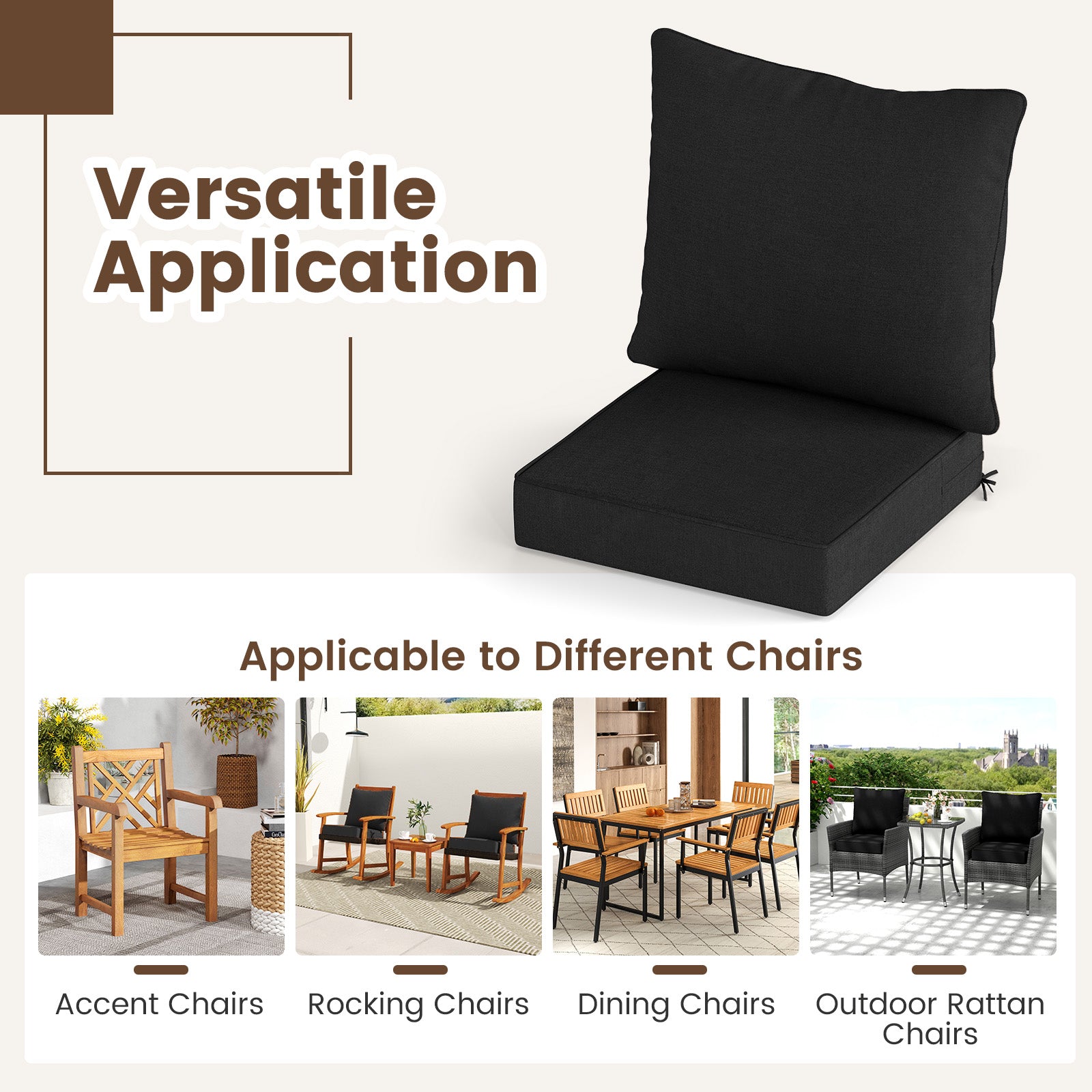 Detachable Outdoor Patio Cushion Set Chair Seat Pads-Black