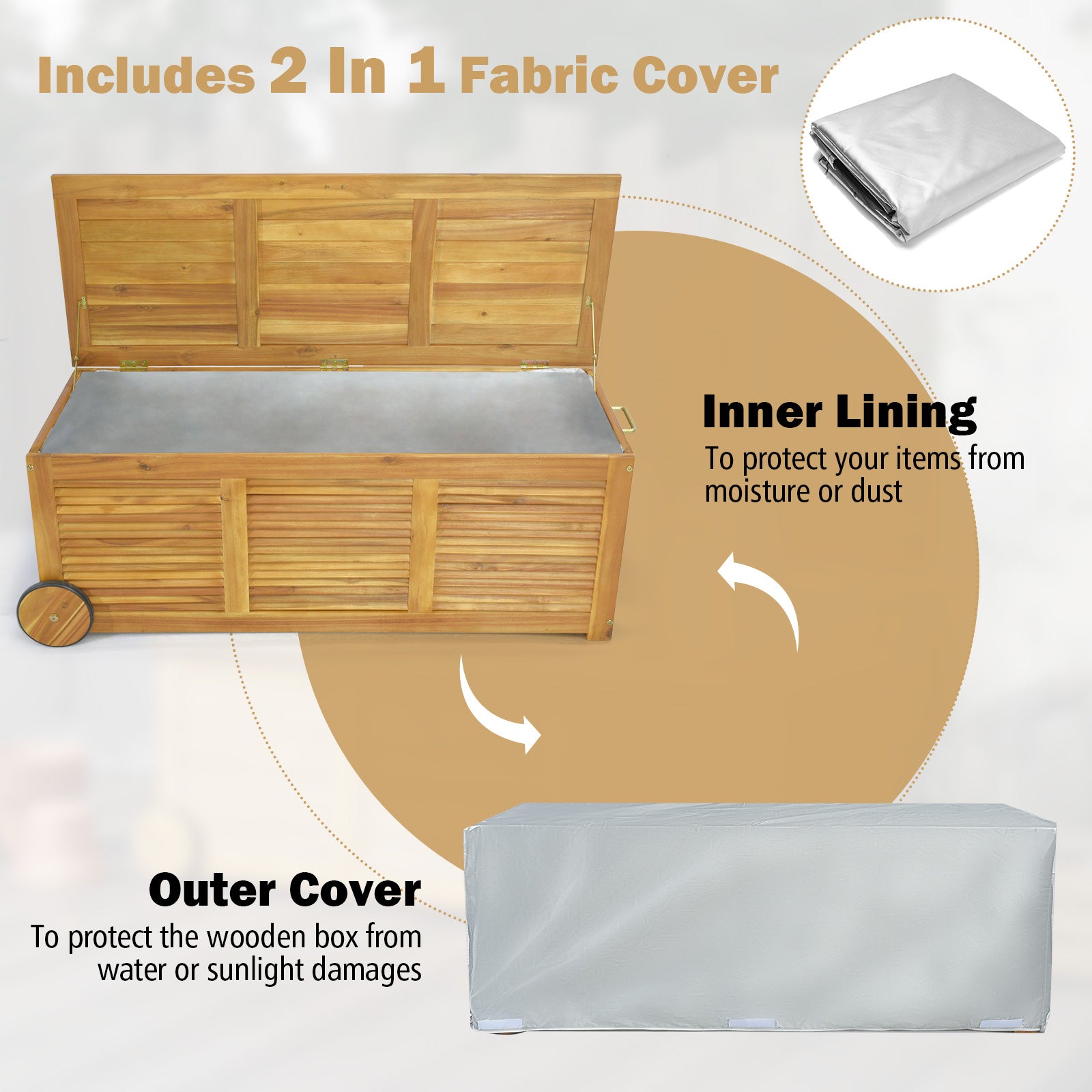 Outdoor Storage Box 182L on Wheels Rolling Patio Wooden Deck Box