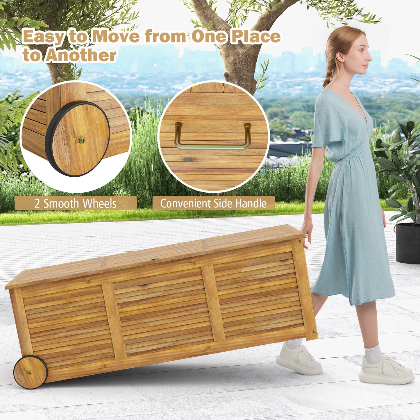 Outdoor Storage Box 182L on Wheels Rolling Patio Wooden Deck Box