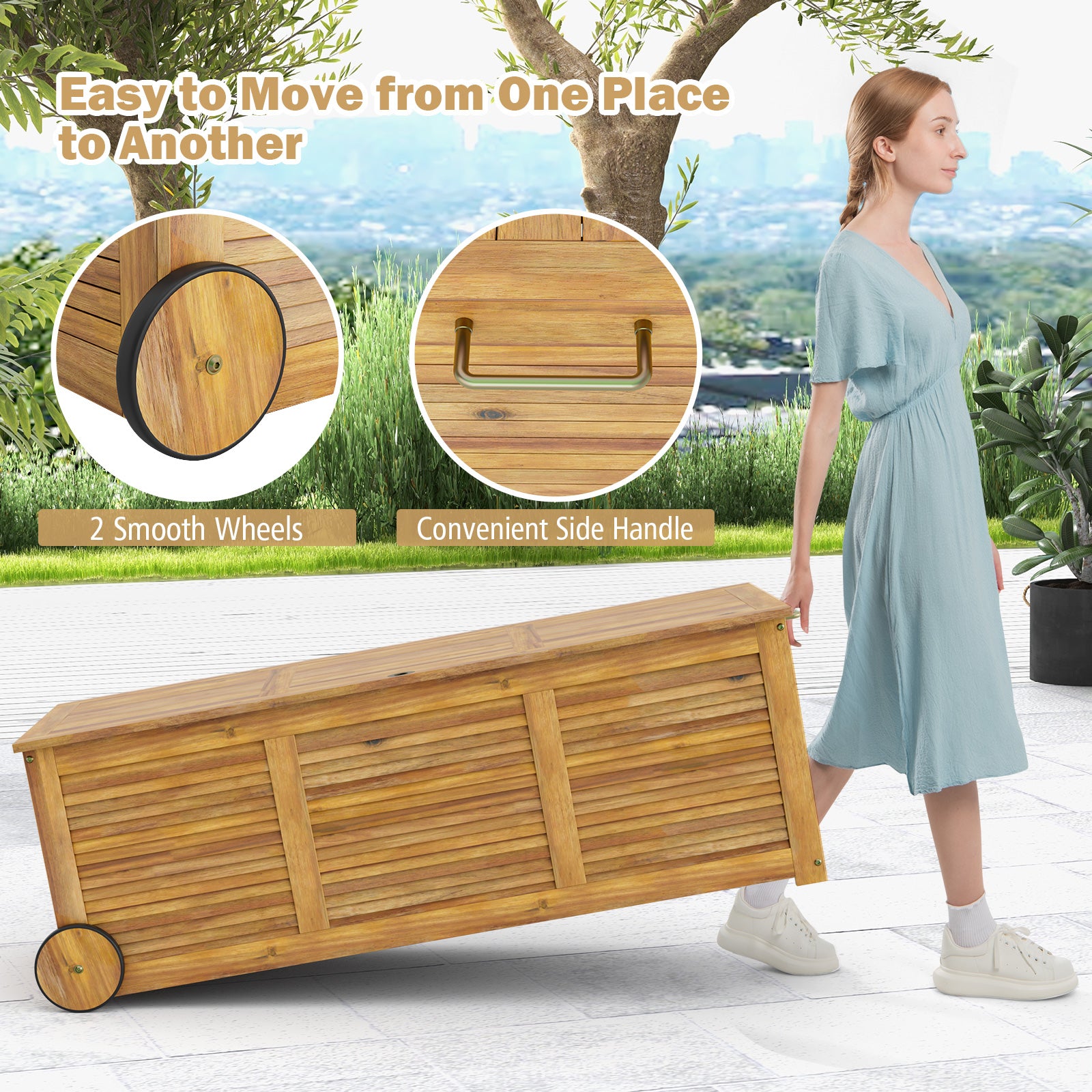Outdoor Storage Box 182L on Wheels Rolling Patio Wooden Deck Box