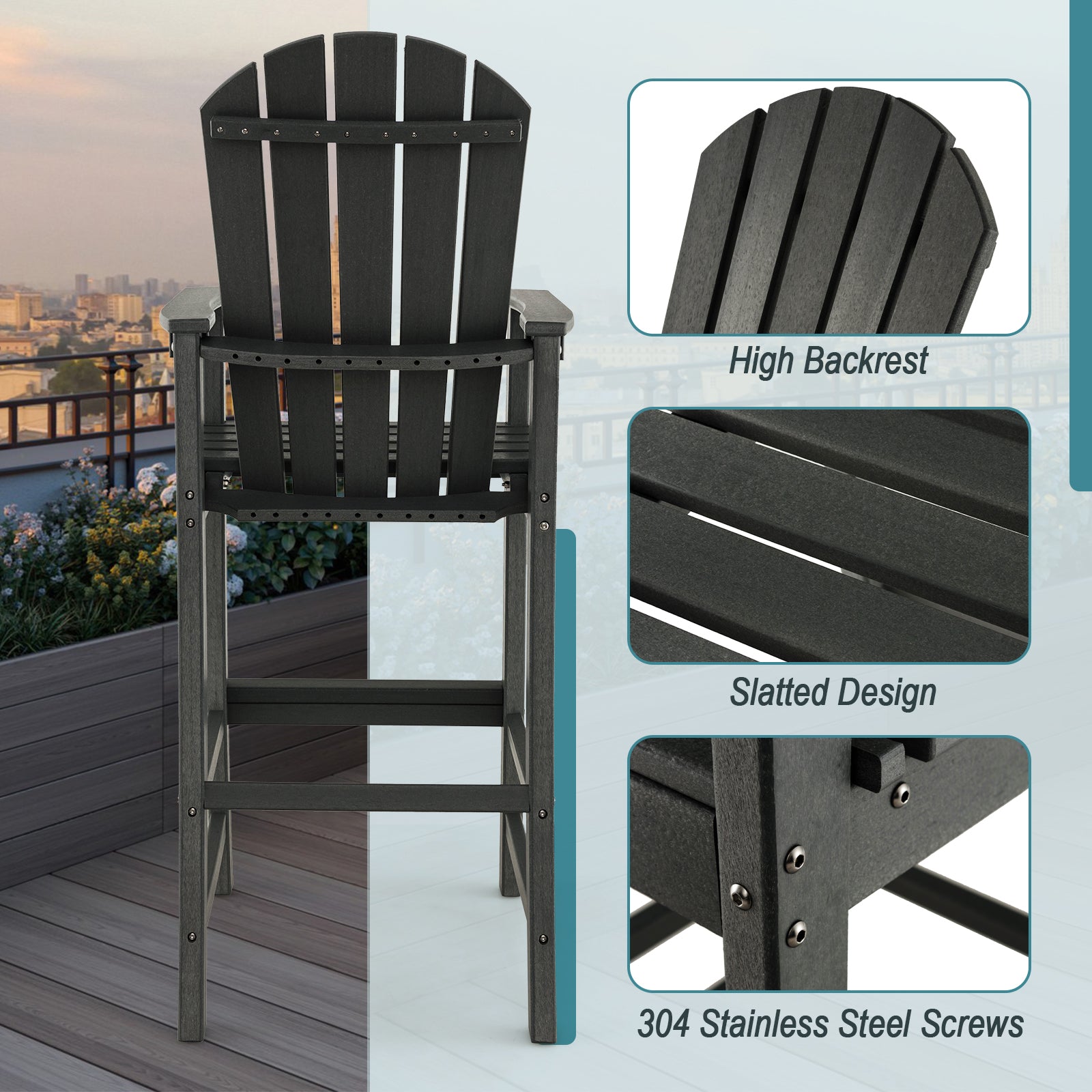 Outdoor Tall Adirondack Chair 77cm Seat Height-Black